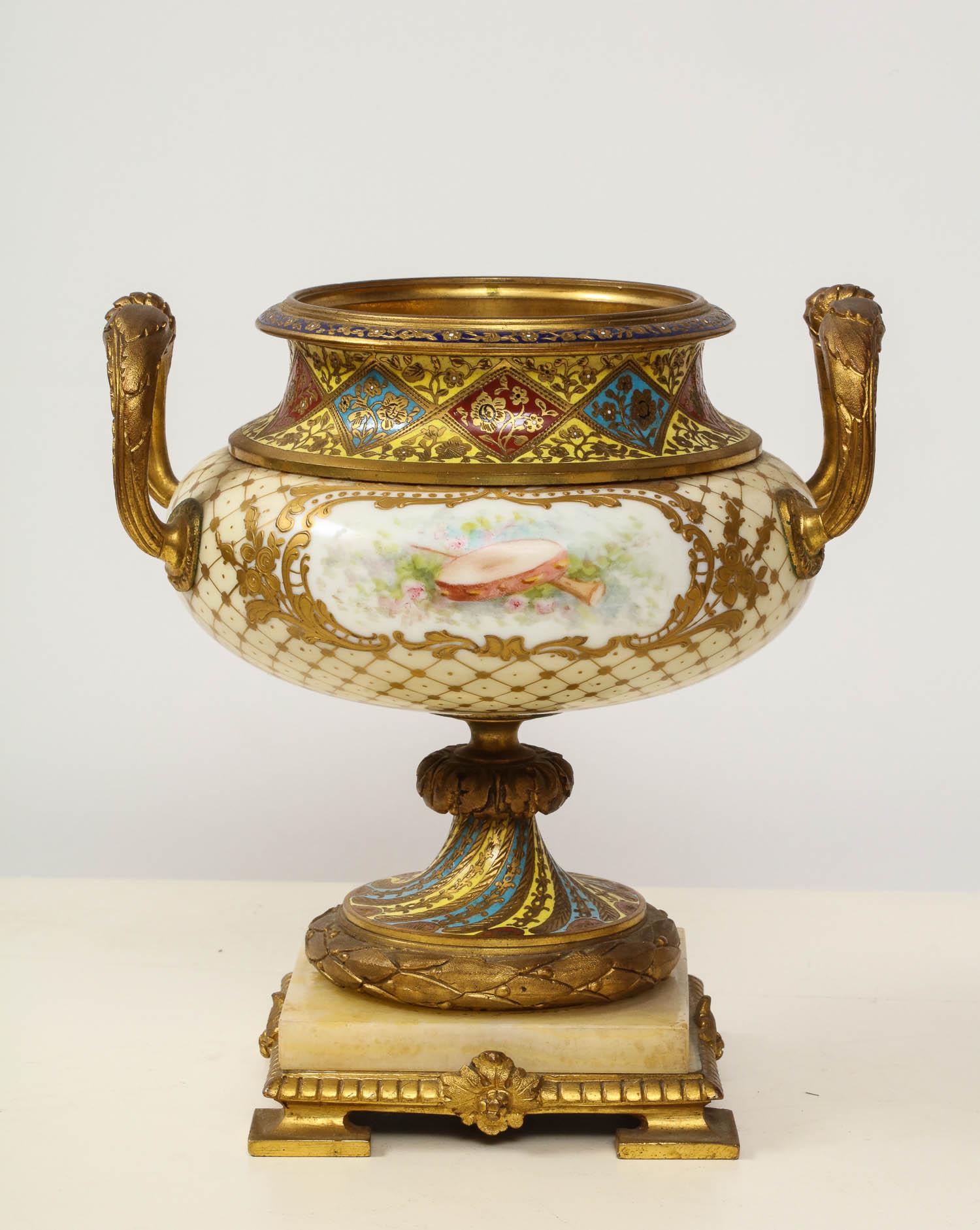 French Ormolu-Mounted Sevres Style Porcelain, Champleve Enamel & Onyx Garniture 4