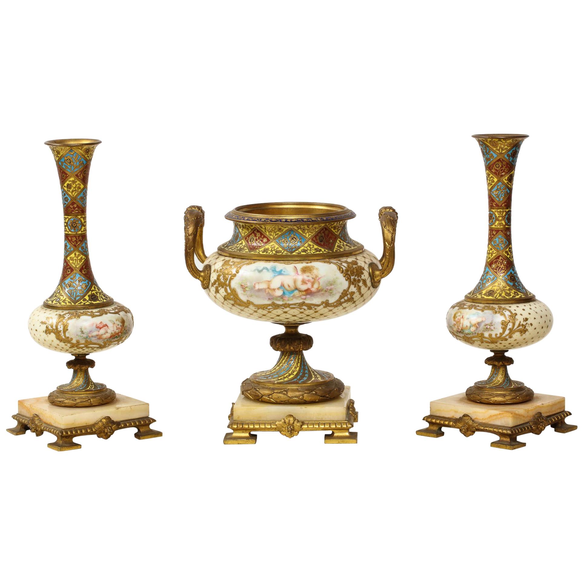 French Ormolu-Mounted Sevres Style Porcelain, Champleve Enamel & Onyx Garniture