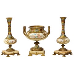 French Ormolu-Mounted Sevres Style Porcelain, Champleve Enamel & Onyx Garniture