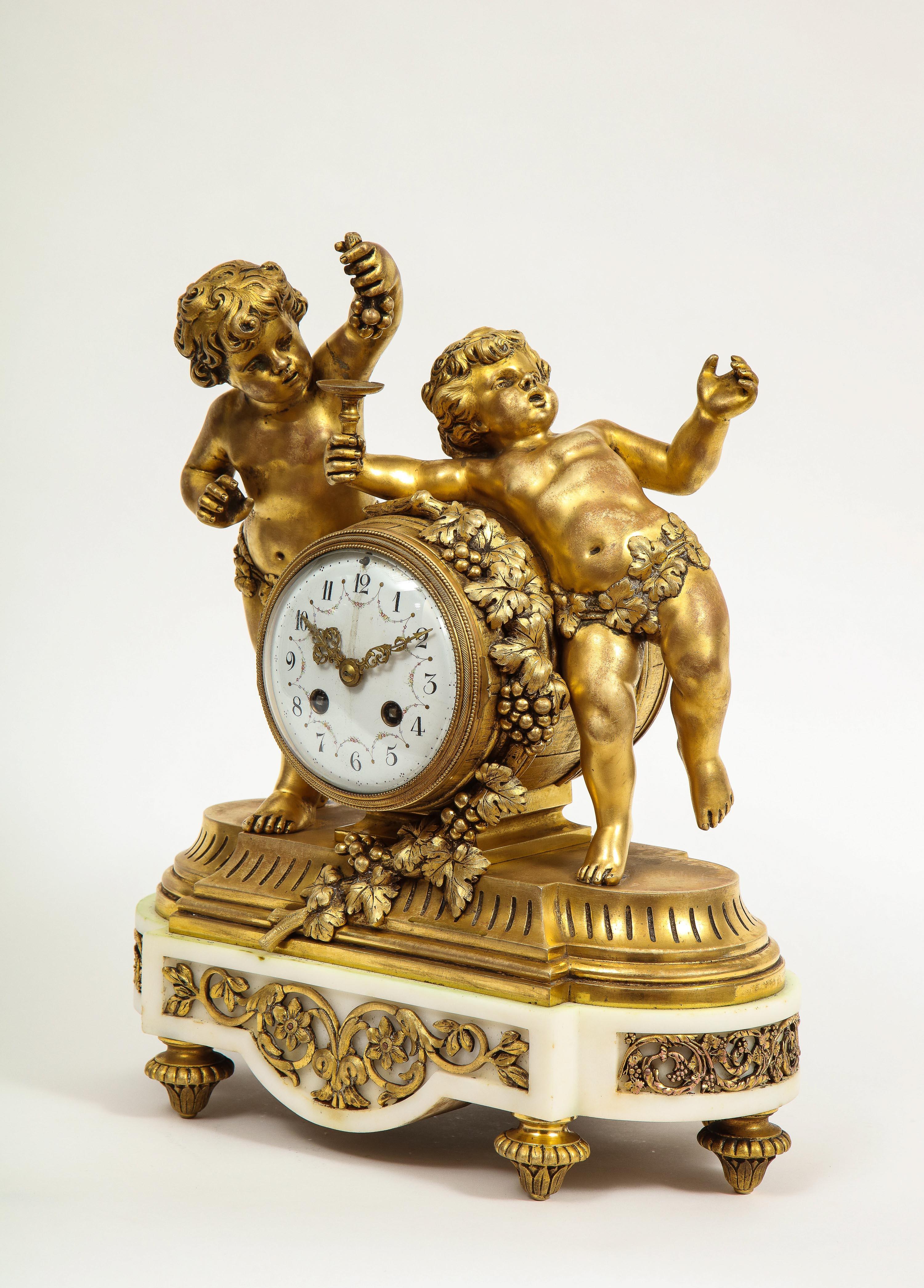 French Ormolu-Mounted White Marble Three Piece Clock Garniture, Clodion 6
