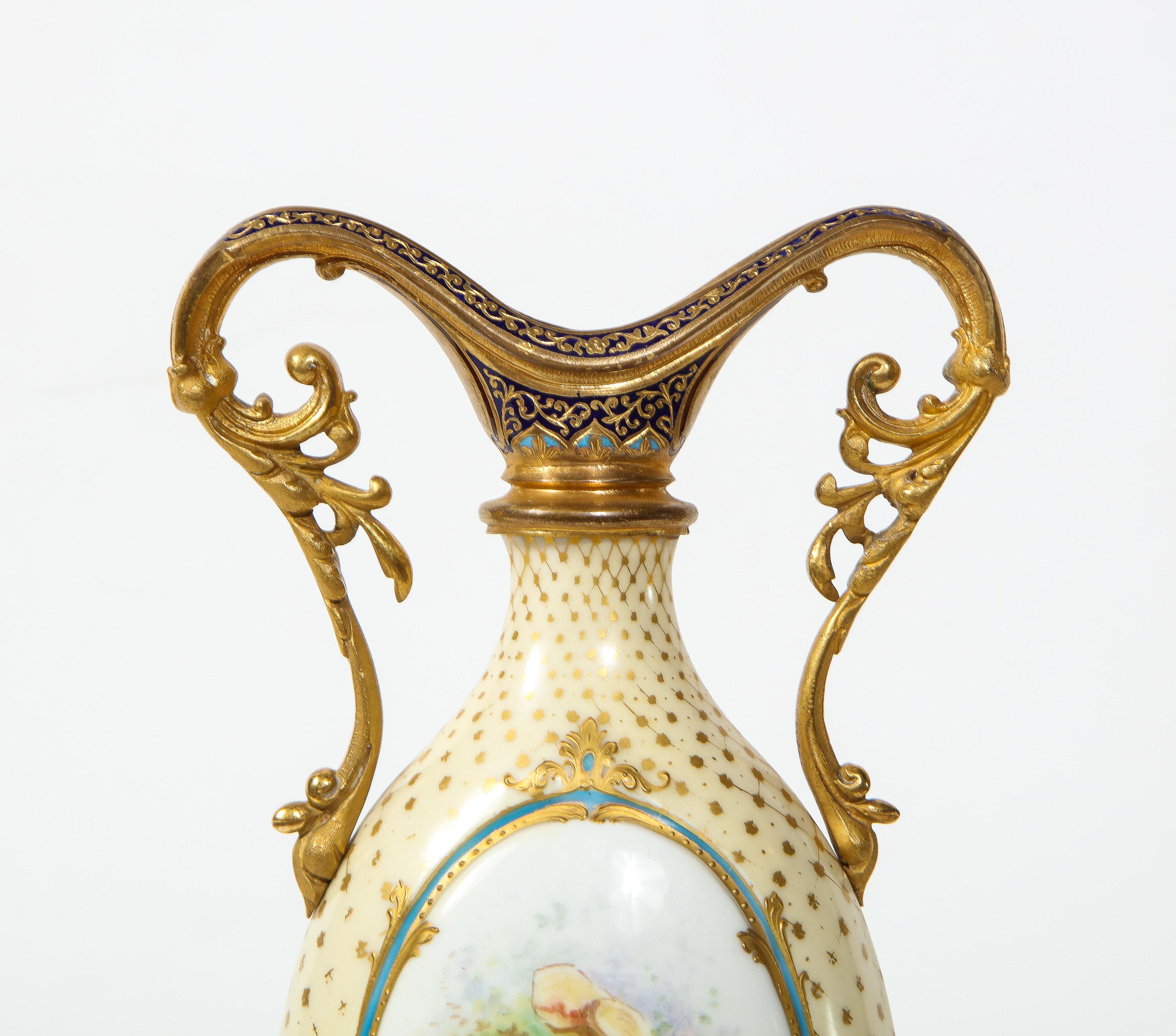 French Ormolu-Mounted White Sevres Porcelain and Champlevé Enamel Vase 5