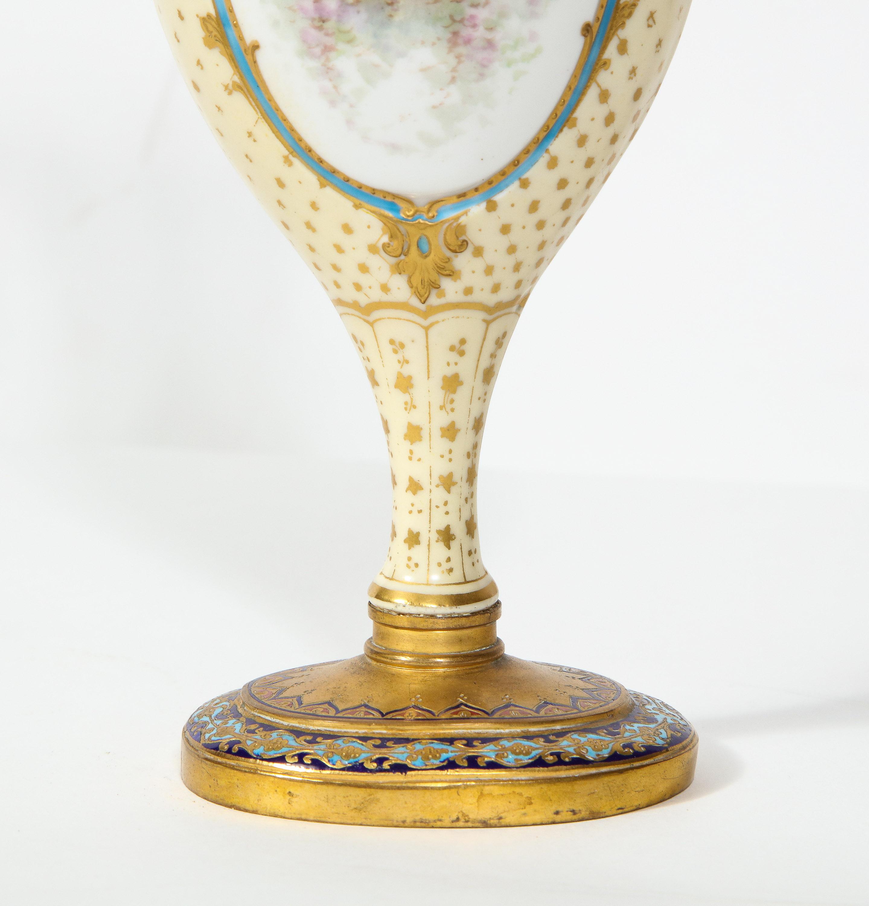 French Ormolu-Mounted White Sevres Porcelain and Champlevé Enamel Vase 6