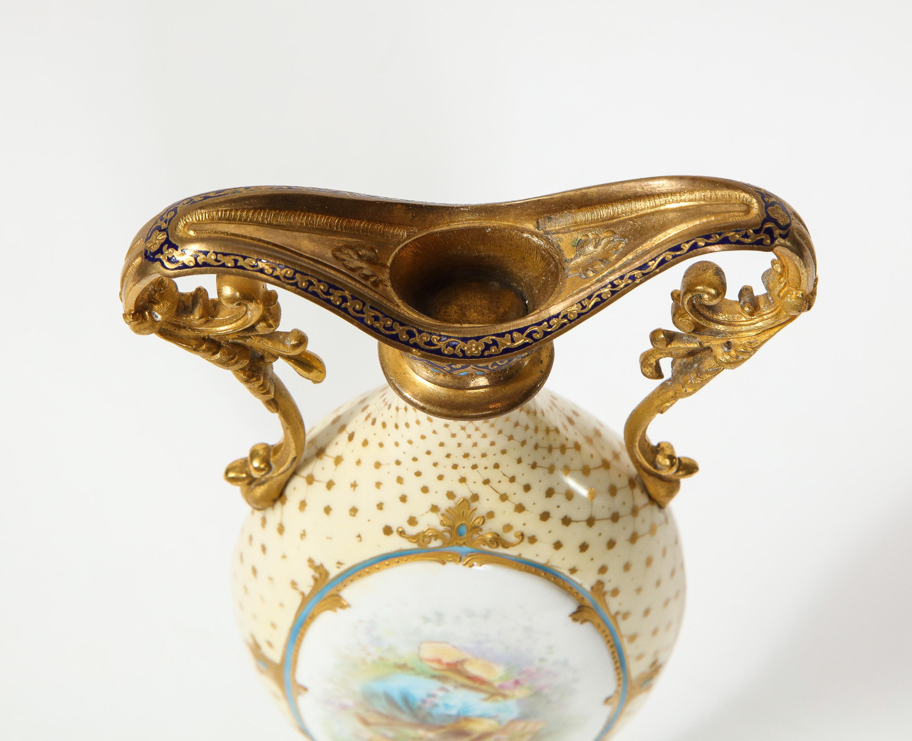 French Ormolu-Mounted White Sevres Porcelain and Champlevé Enamel Vase 7