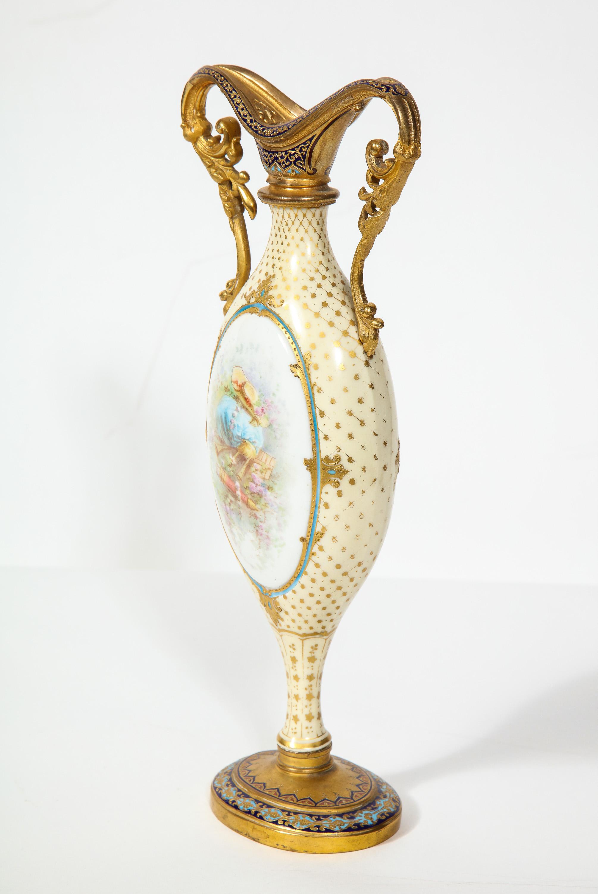 French Ormolu-Mounted White Sevres Porcelain and Champlevé Enamel Vase 8