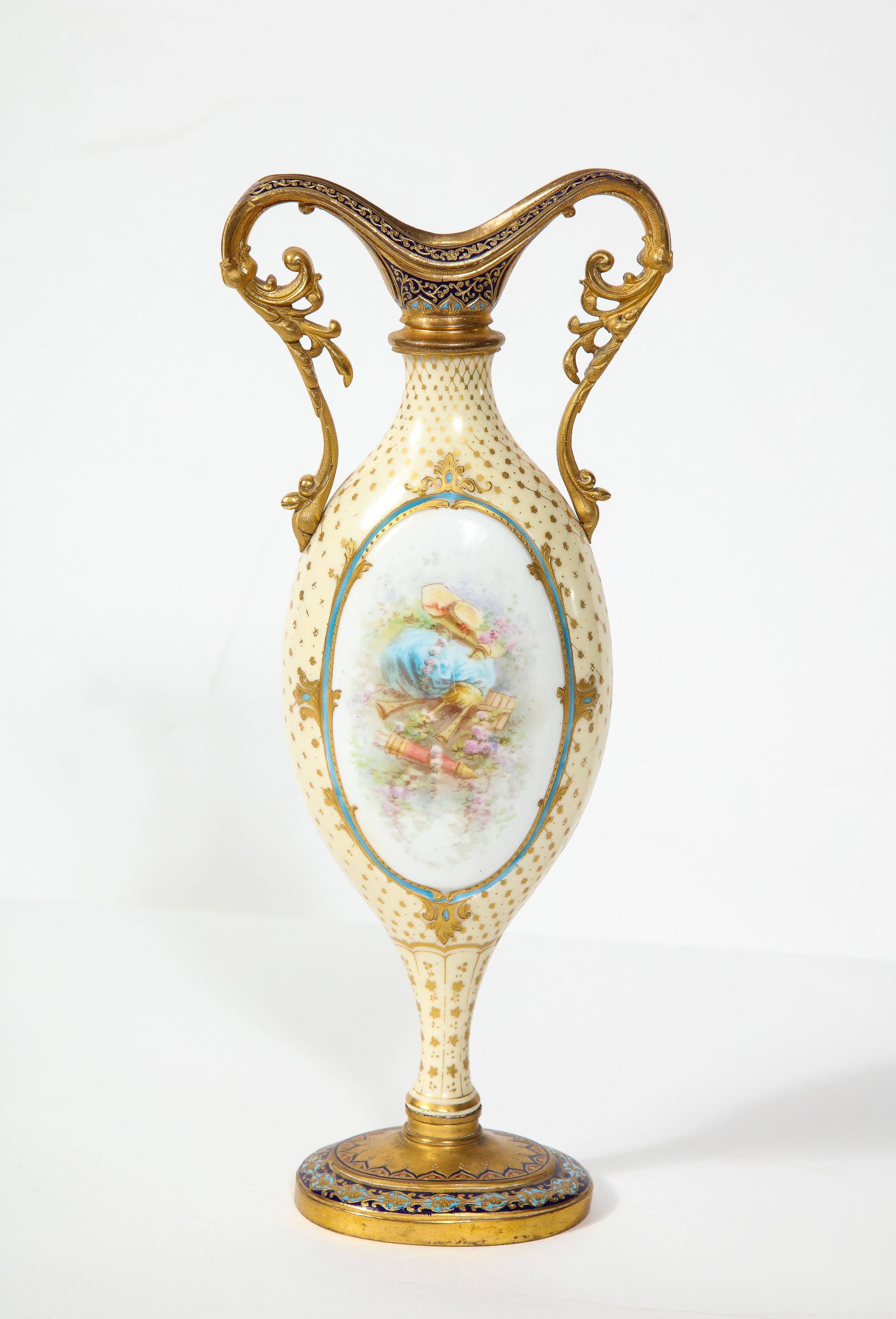 Napoleon III French Ormolu-Mounted White Sevres Porcelain and Champlevé Enamel Vase