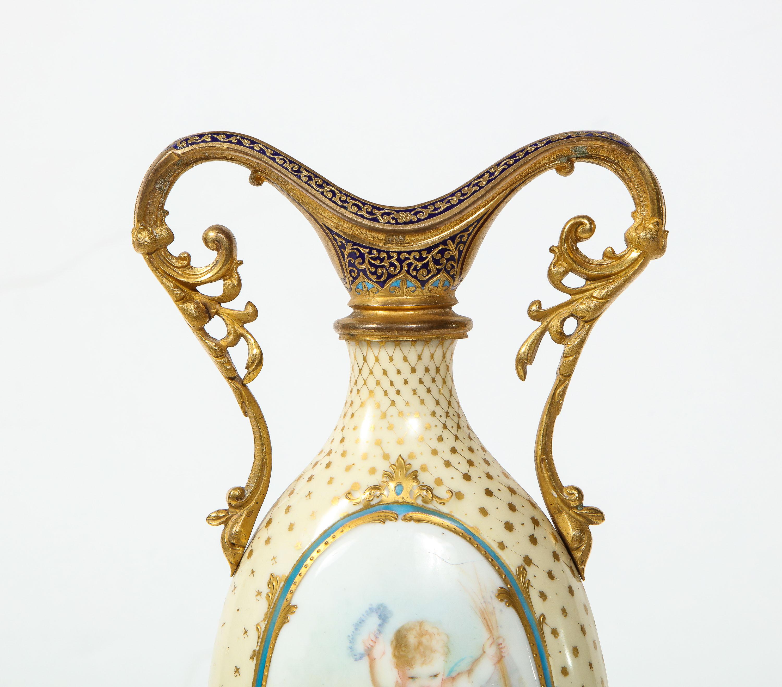 French Ormolu-Mounted White Sevres Porcelain and Champlevé Enamel Vase In Good Condition In New York, NY