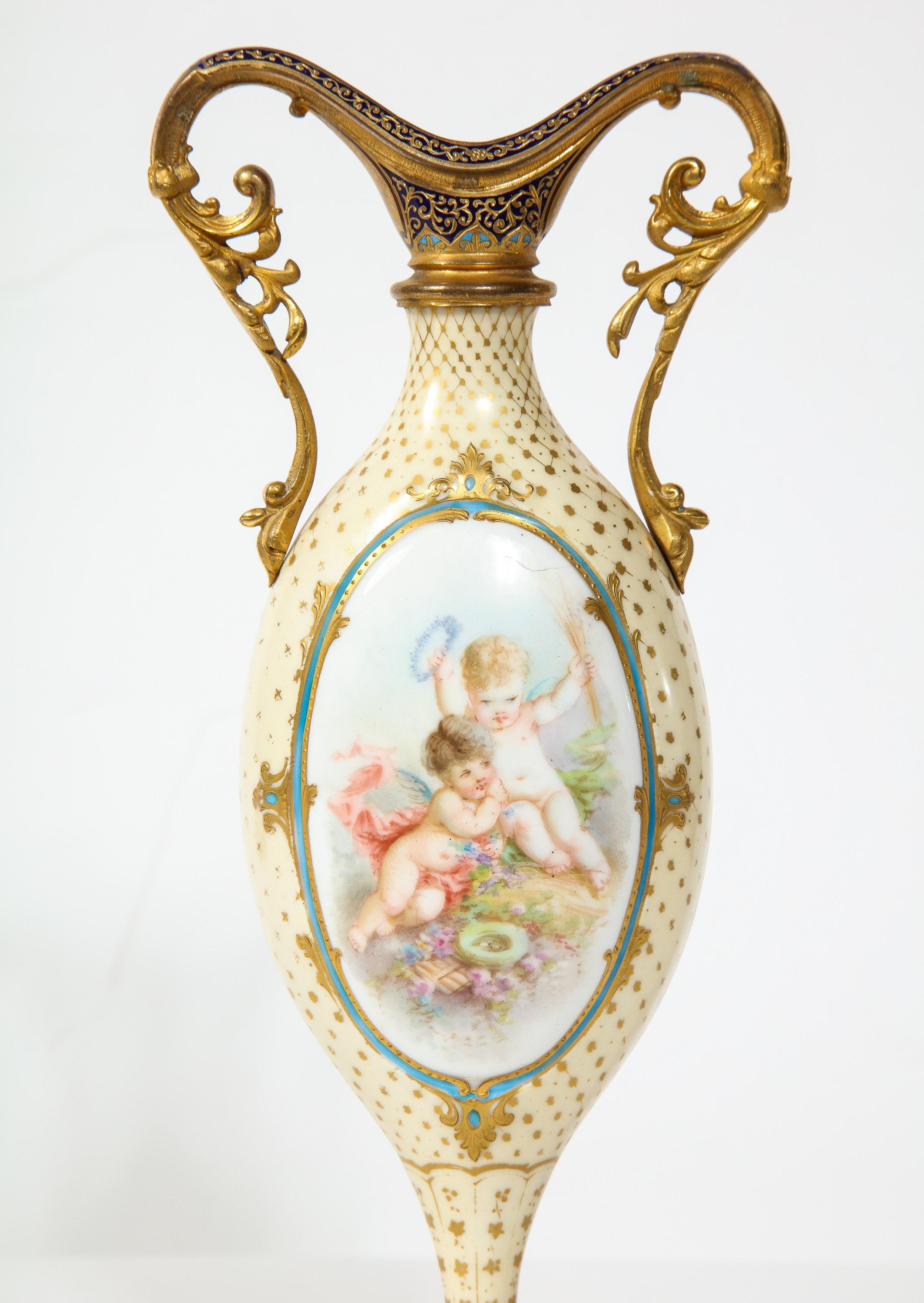 19th Century French Ormolu-Mounted White Sevres Porcelain and Champlevé Enamel Vase