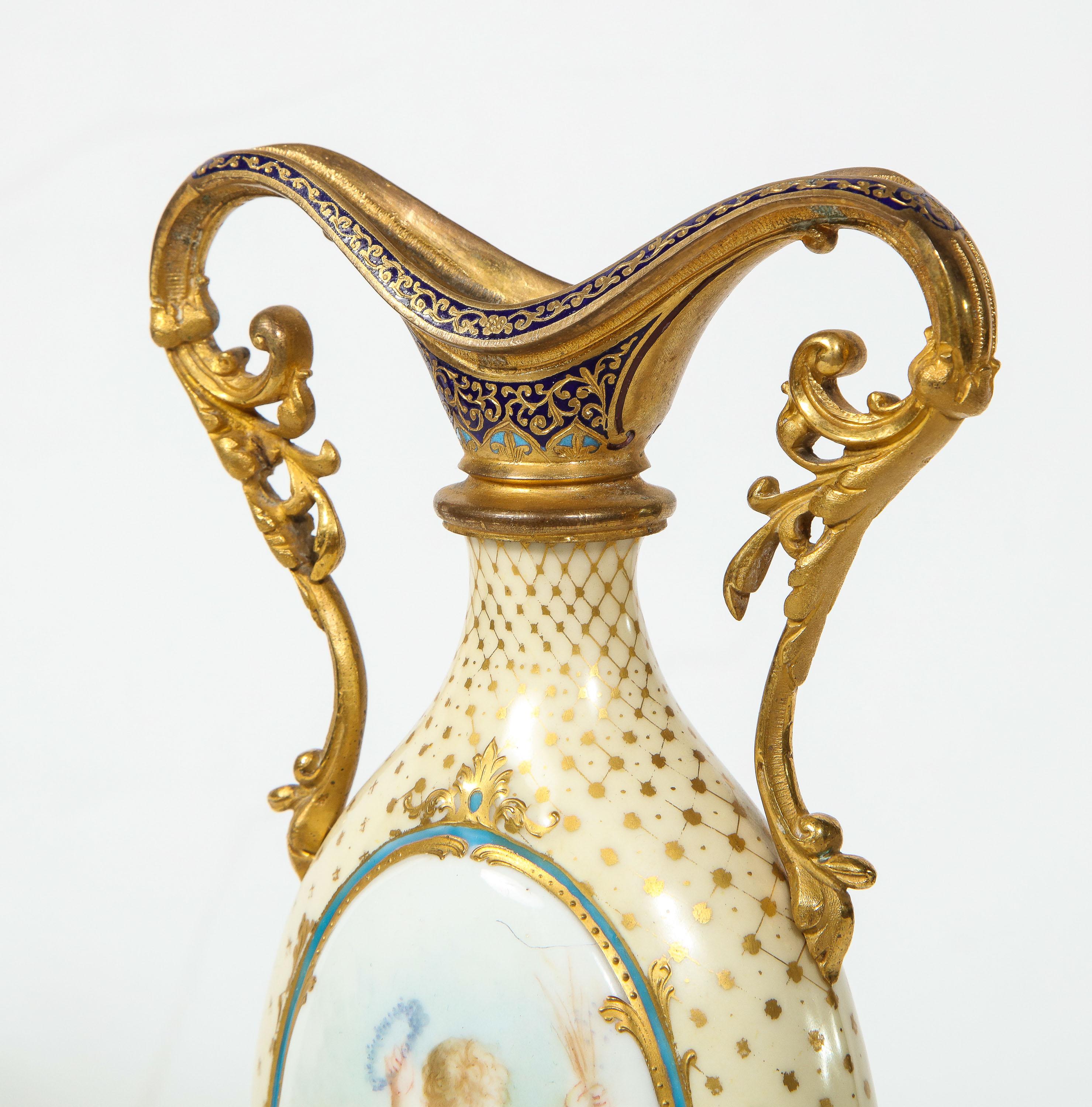 French Ormolu-Mounted White Sevres Porcelain and Champlevé Enamel Vase 1