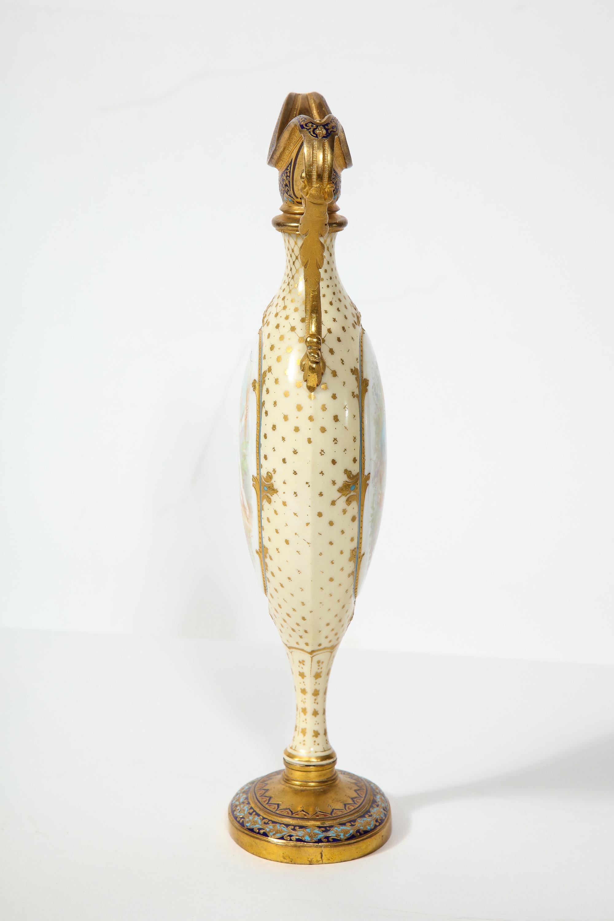 French Ormolu-Mounted White Sevres Porcelain and Champlevé Enamel Vase 2