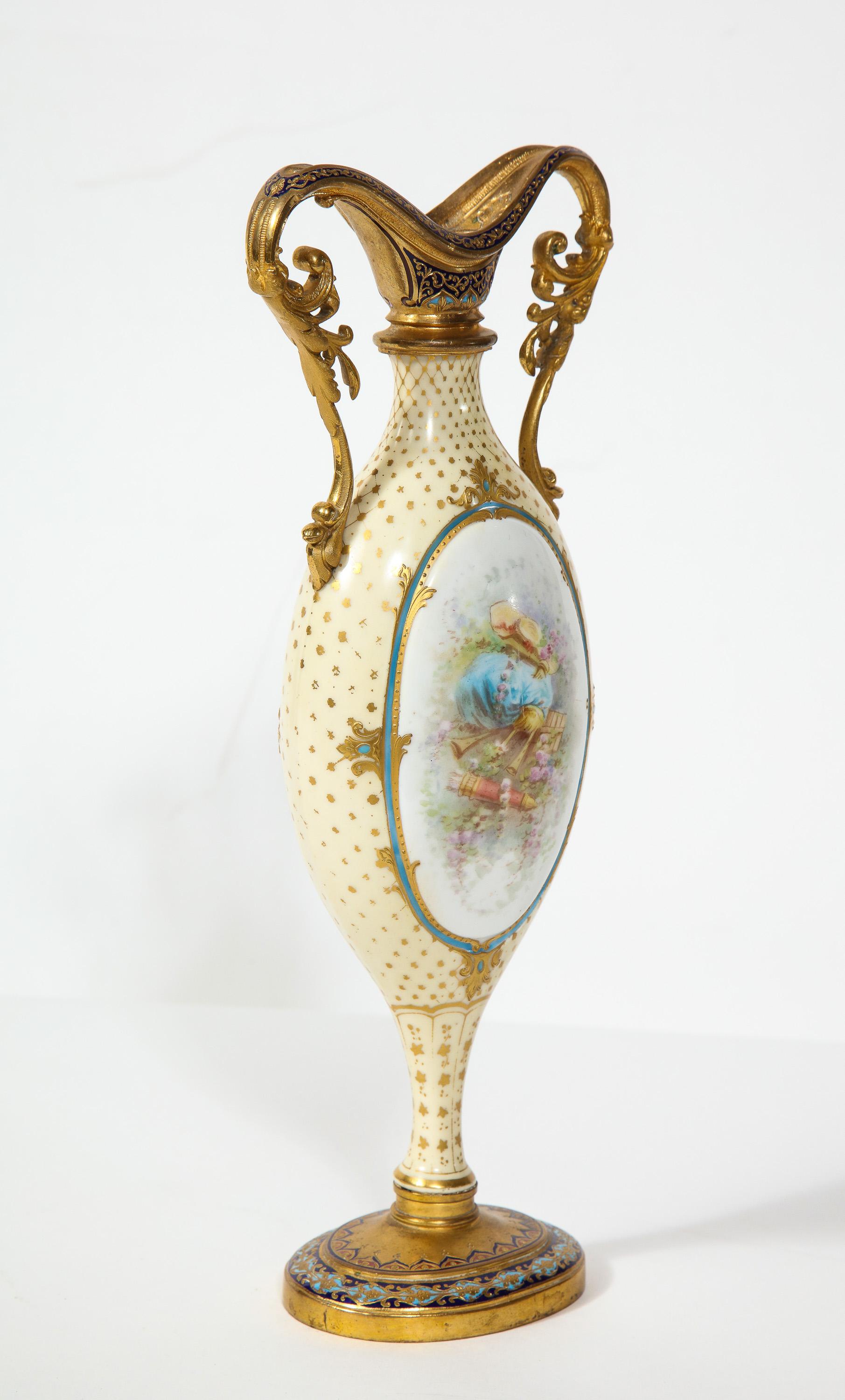 French Ormolu-Mounted White Sevres Porcelain and Champlevé Enamel Vase 3