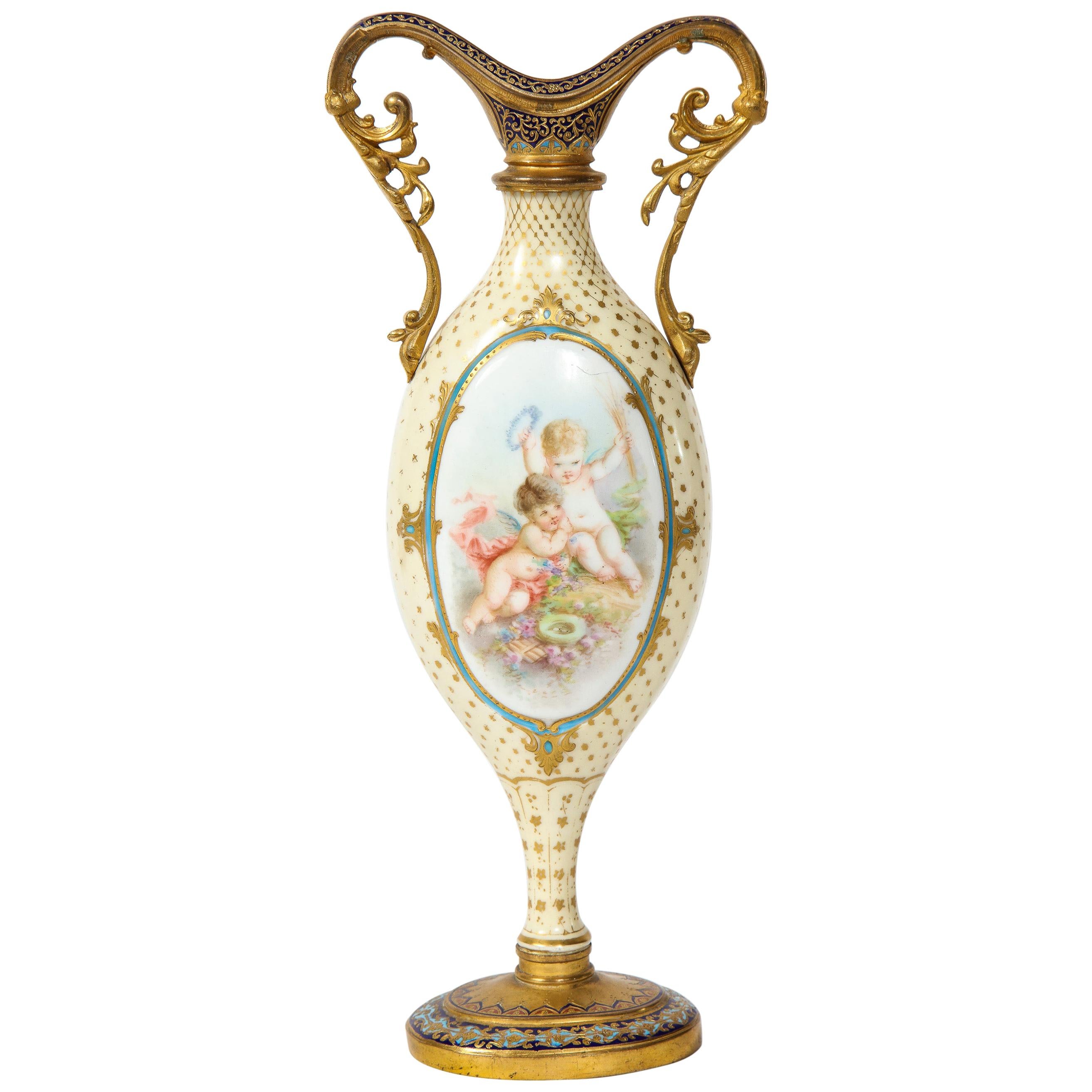 French Ormolu-Mounted White Sevres Porcelain and Champlevé Enamel Vase