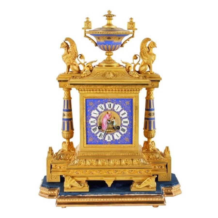 European French Ormolu & Porcelain Clock Garniture, 19th Century For Sale