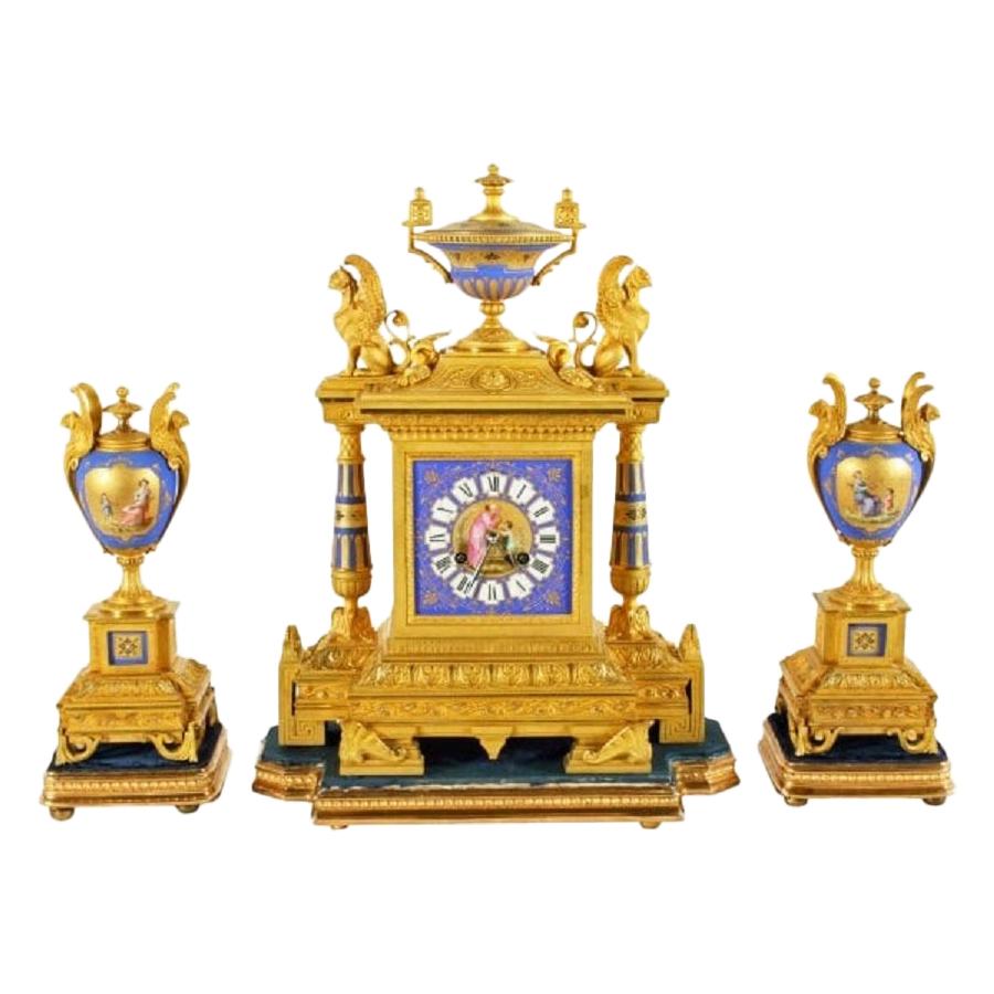 French Ormolu & Porcelain Clock Garniture, 19th Century For Sale
