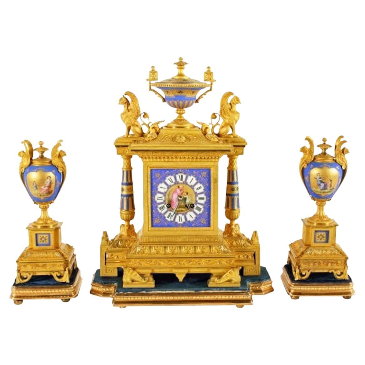 French Ormolu & Porcelain Clock Garniture, 19th Century 