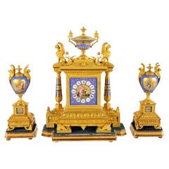 French Ormolu & Porcelain Clock Garniture, 19th Century 