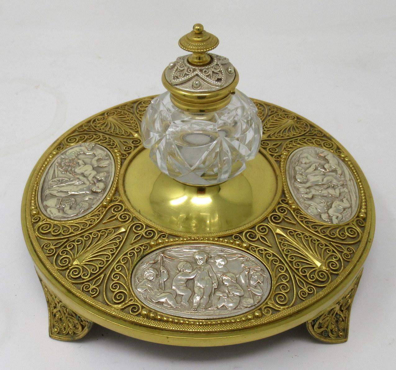 Stunning French “Grand Tour” Filigree mounted ormolu & silver-plated bronze desk inkwell Encrier of exhibition quality, early Nineteenth Century, possibly Regency period. Complete with its original heavy gauge hand cut crystal ink jar and decorative