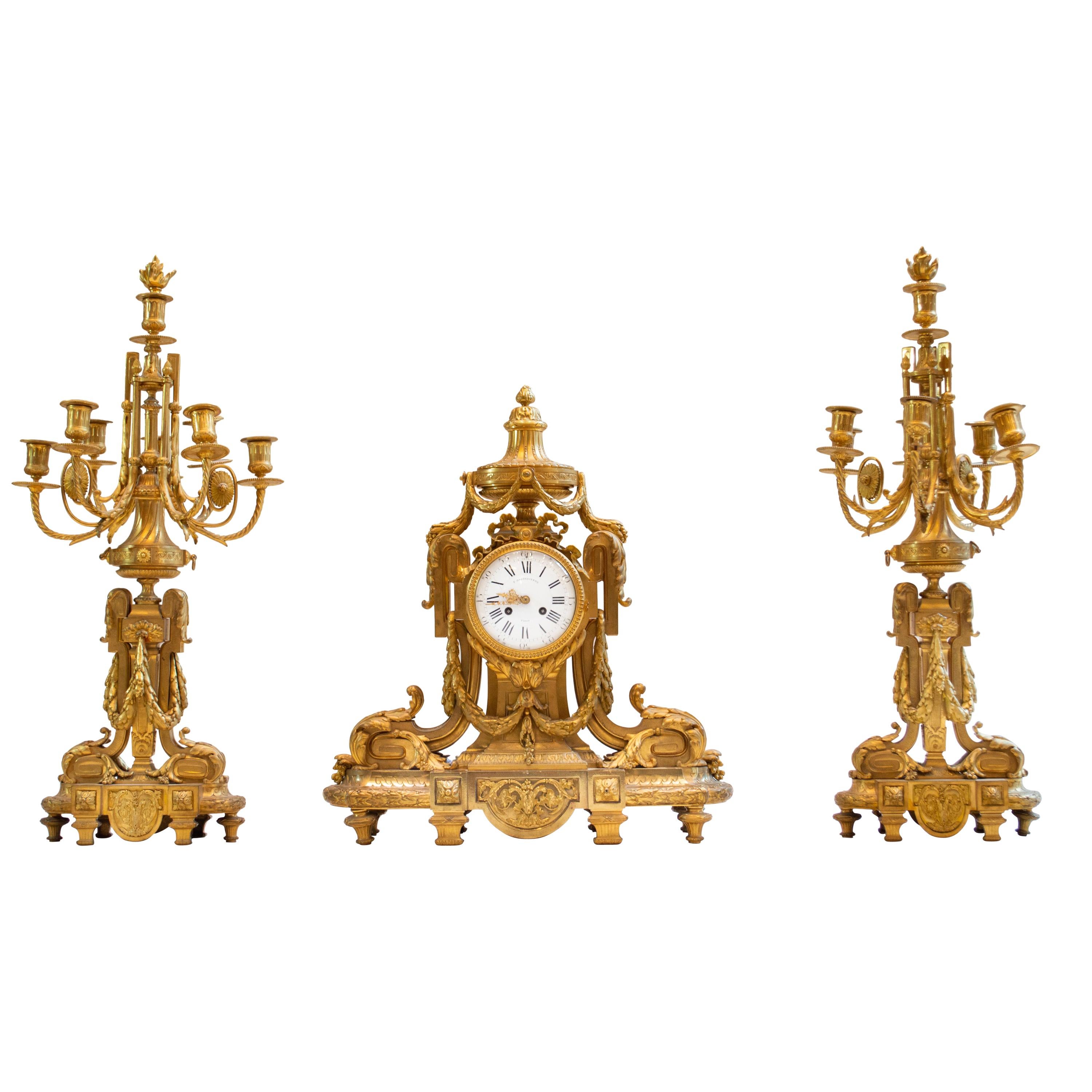 French Ormolu Three-Piece Clock Garniture by Ferdinand Barbedienne For Sale