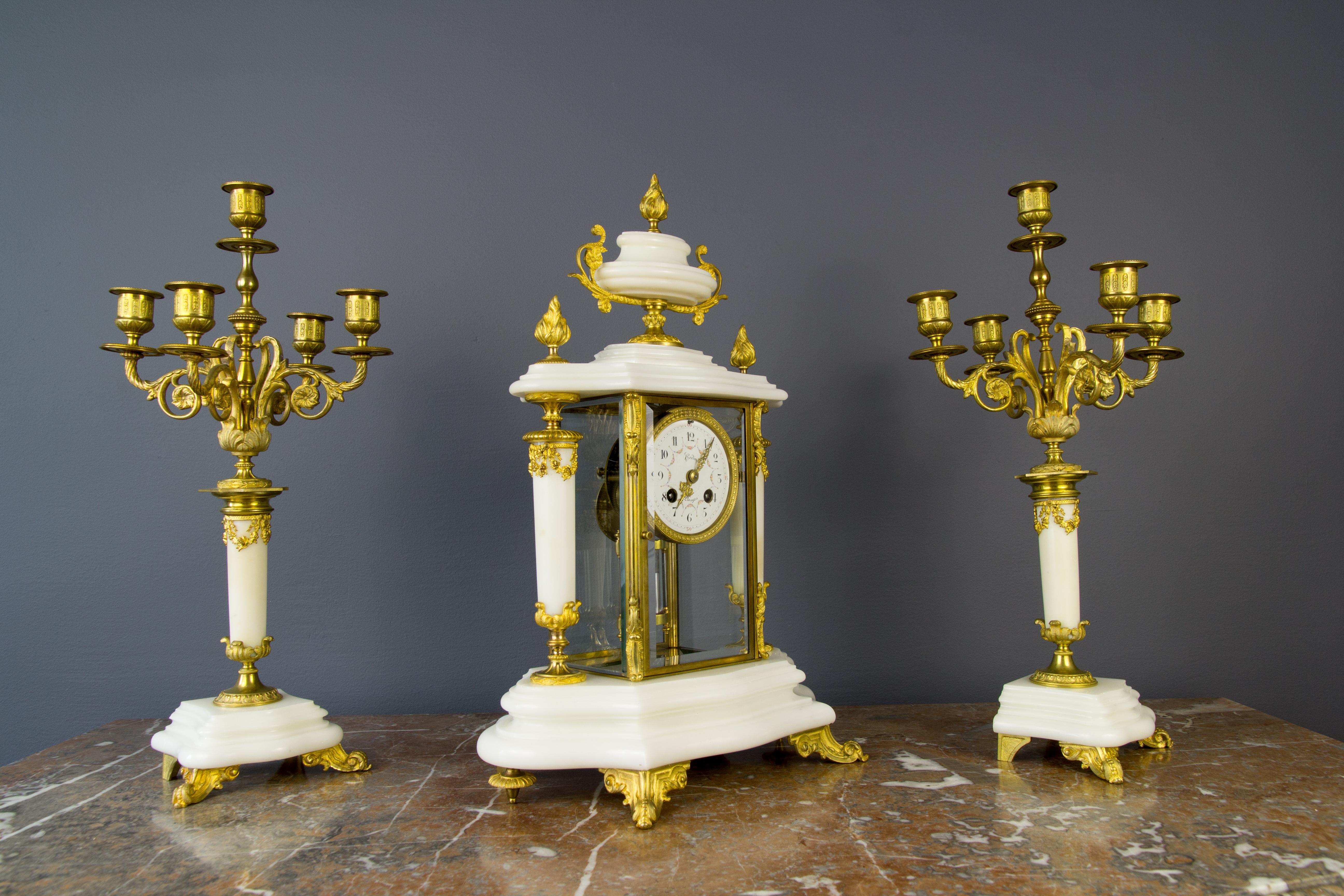 French Ormolu and White Marble Mantel Clock and Candelabra Set by A.D. Mougin 7