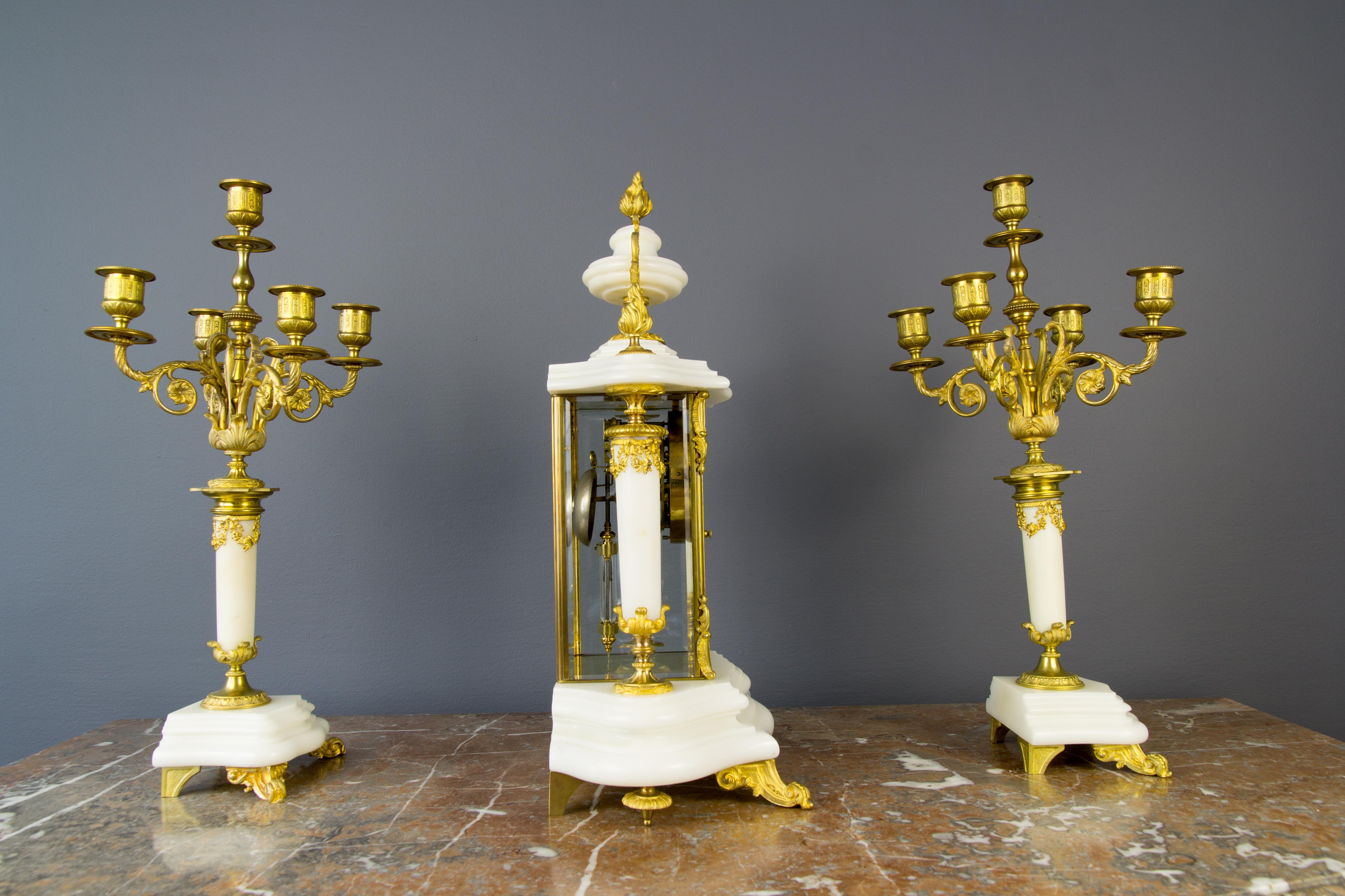 French Ormolu and White Marble Mantel Clock and Candelabra Set by A.D. Mougin 8