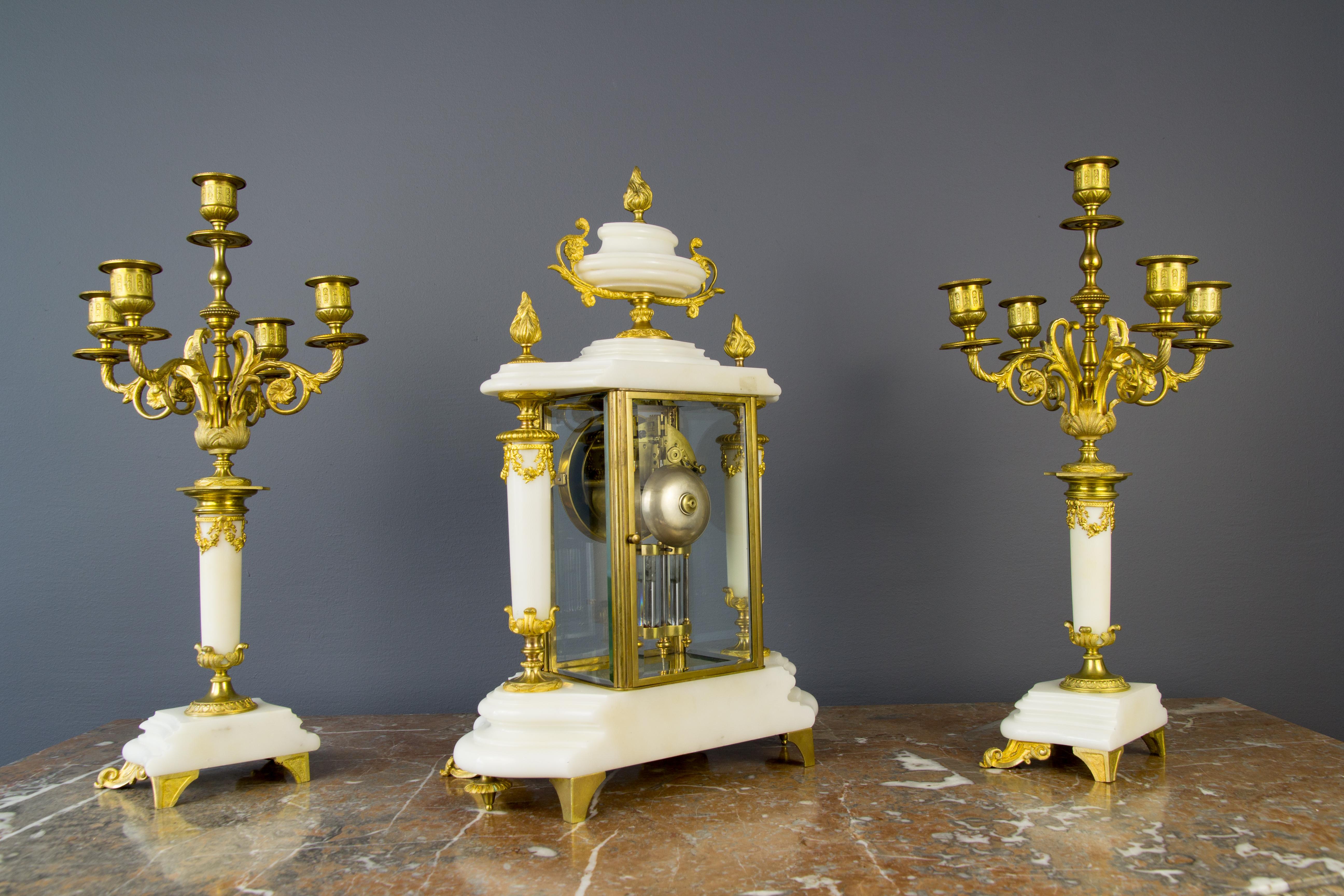 French Ormolu and White Marble Mantel Clock and Candelabra Set by A.D. Mougin 10