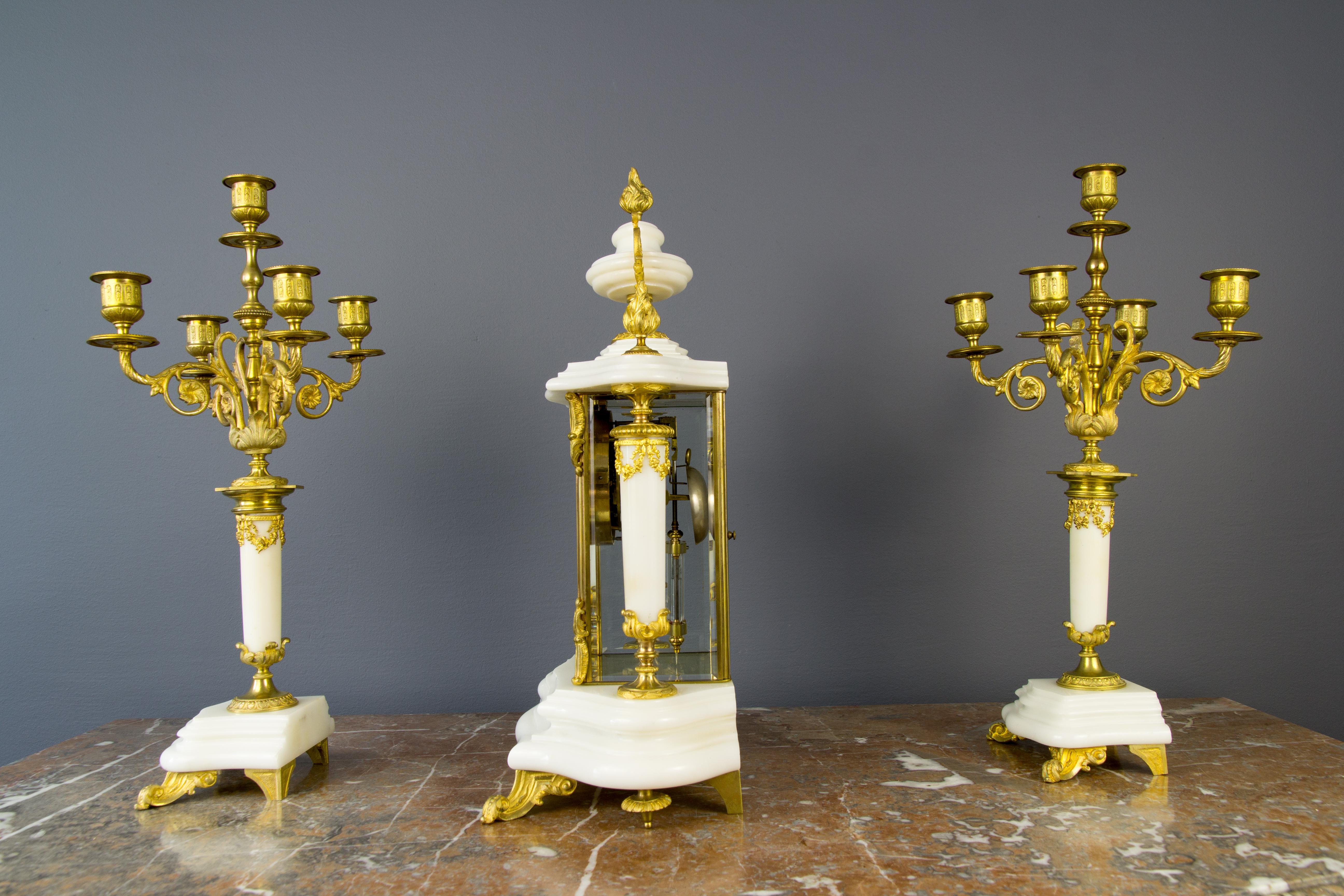 French Ormolu and White Marble Mantel Clock and Candelabra Set by A.D. Mougin 11