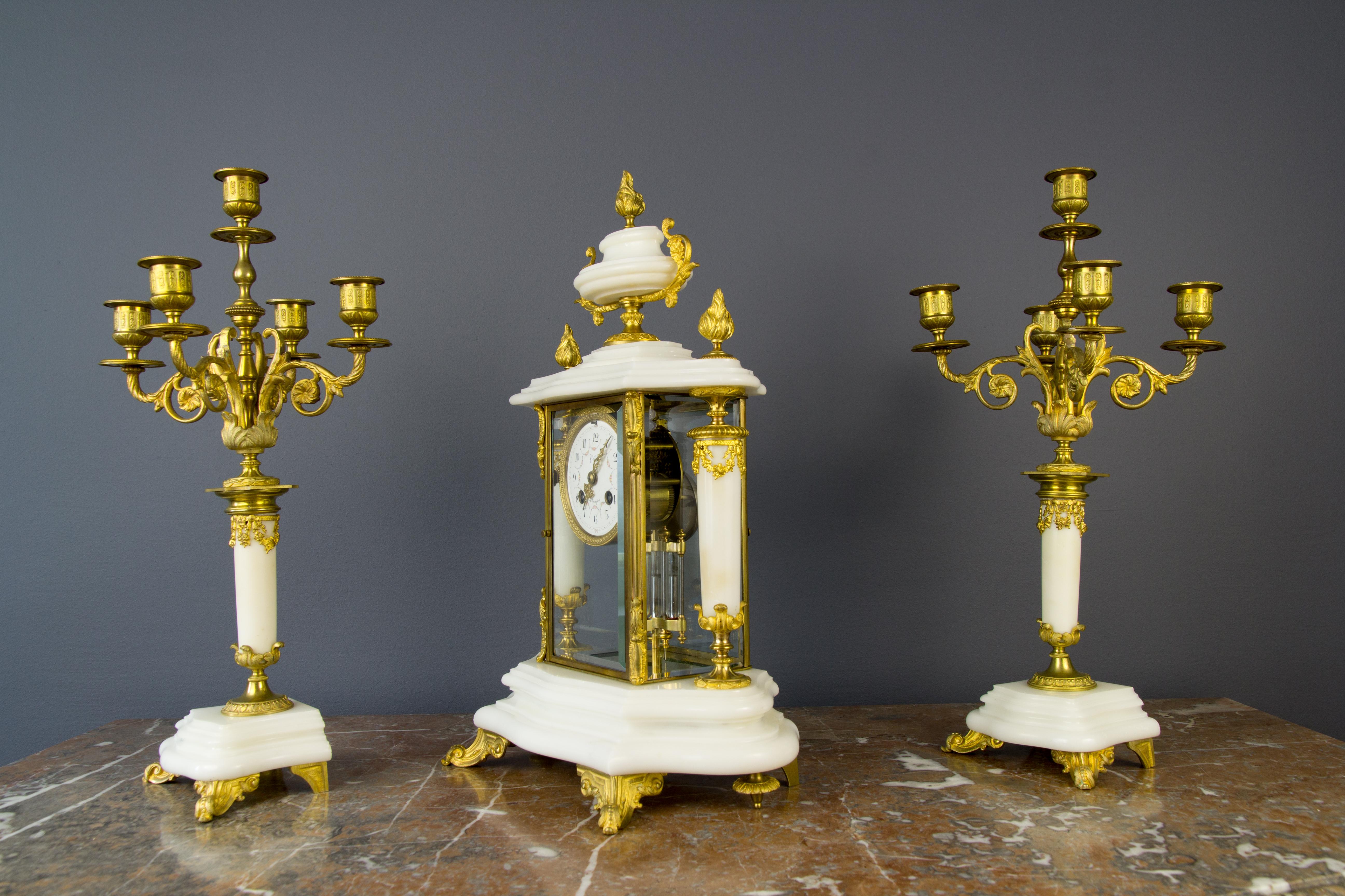 French Ormolu and White Marble Mantel Clock and Candelabra Set by A.D. Mougin 12