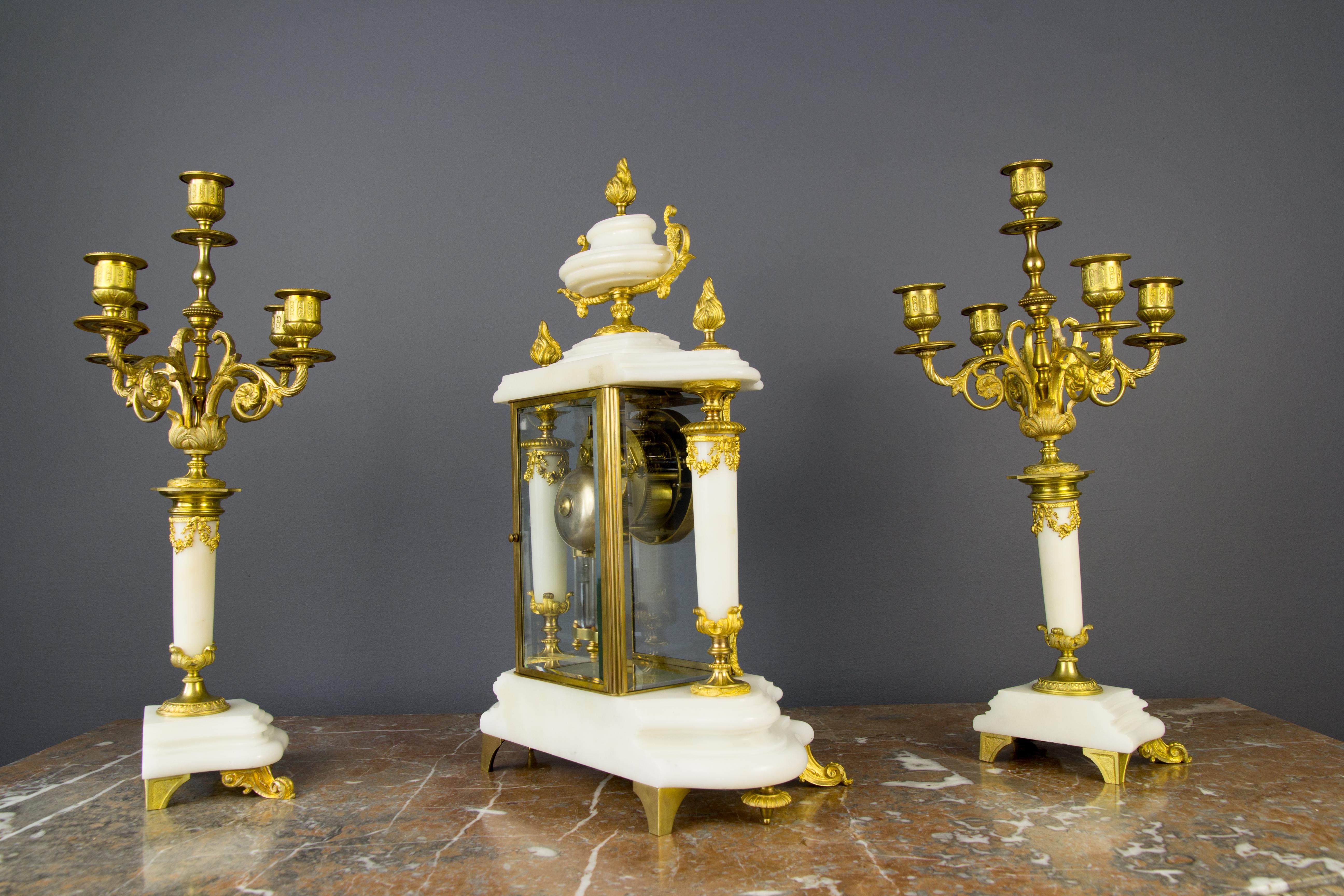 French Ormolu and White Marble Mantel Clock and Candelabra Set by A.D. Mougin 13