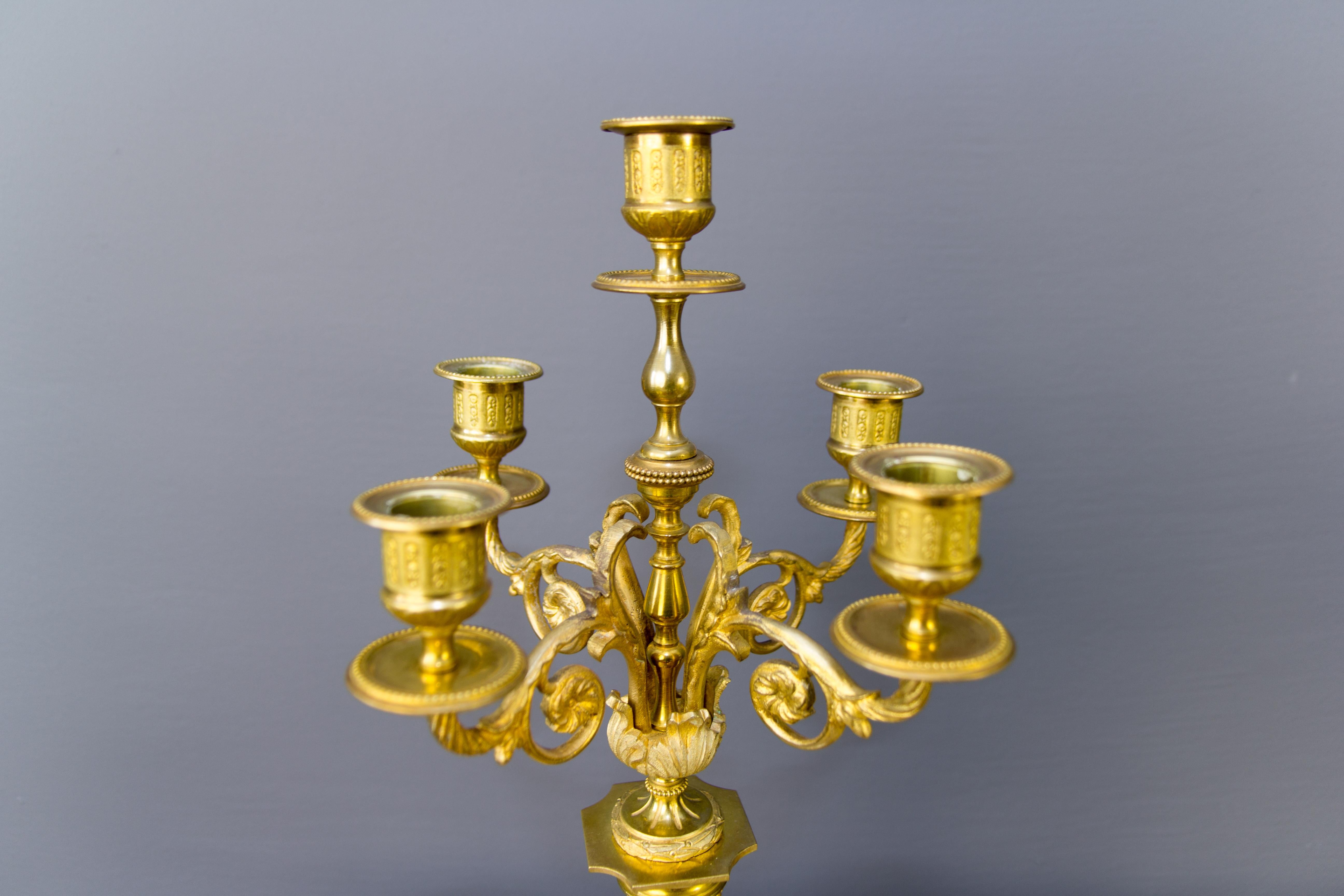 Gilt French Ormolu and White Marble Mantel Clock and Candelabra Set by A.D. Mougin
