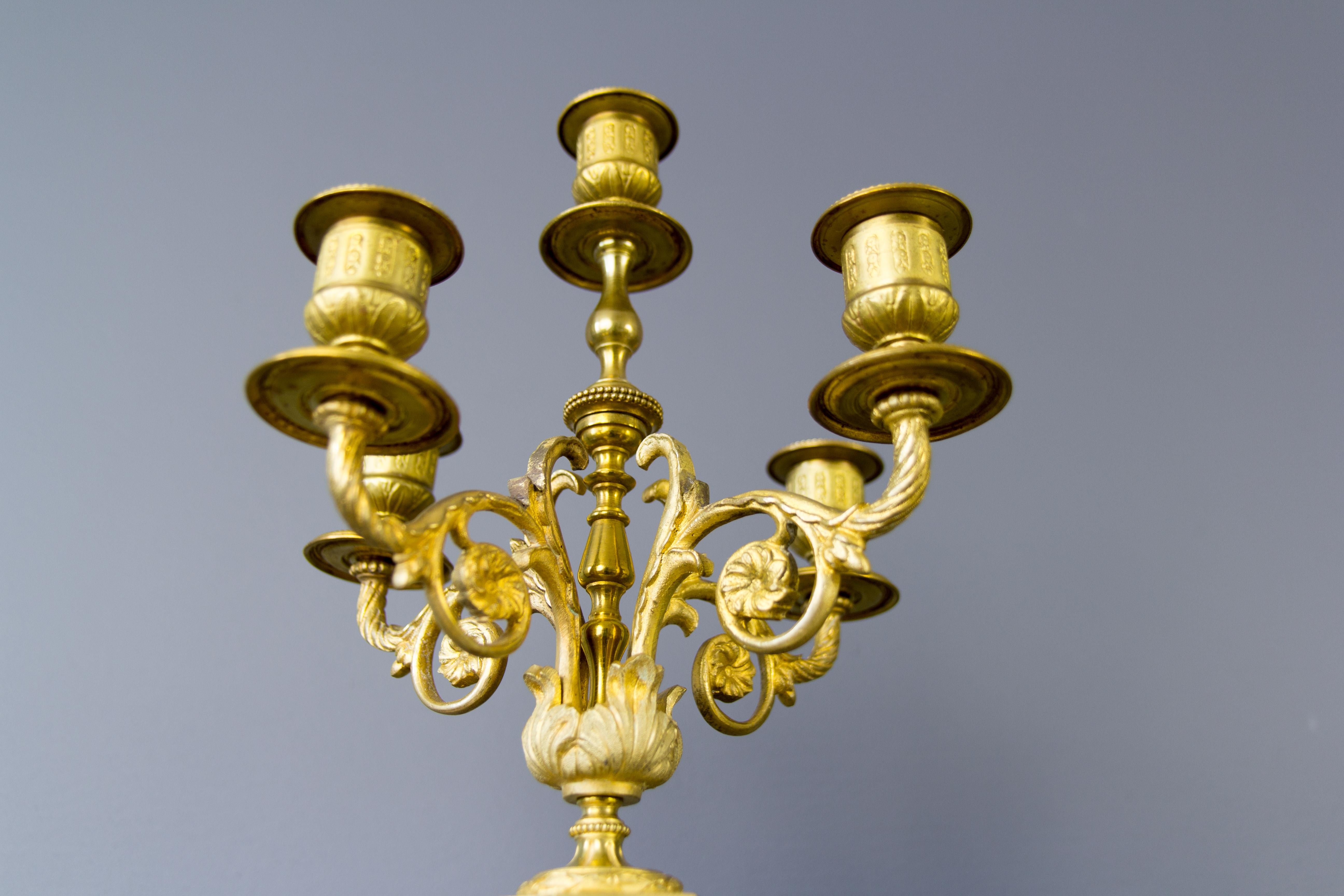 French Ormolu and White Marble Mantel Clock and Candelabra Set by A.D. Mougin In Good Condition In Barntrup, DE