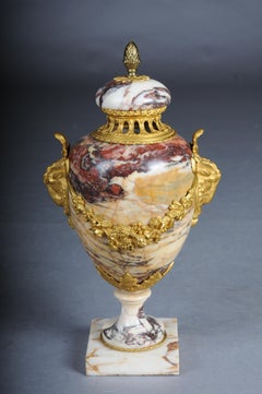 French Ornate Ram's Head Potpourri Vase, Marble with Bronze