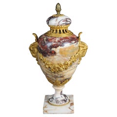 French Ornate Ram's Head Potpourri Vase, Marble with Bronze