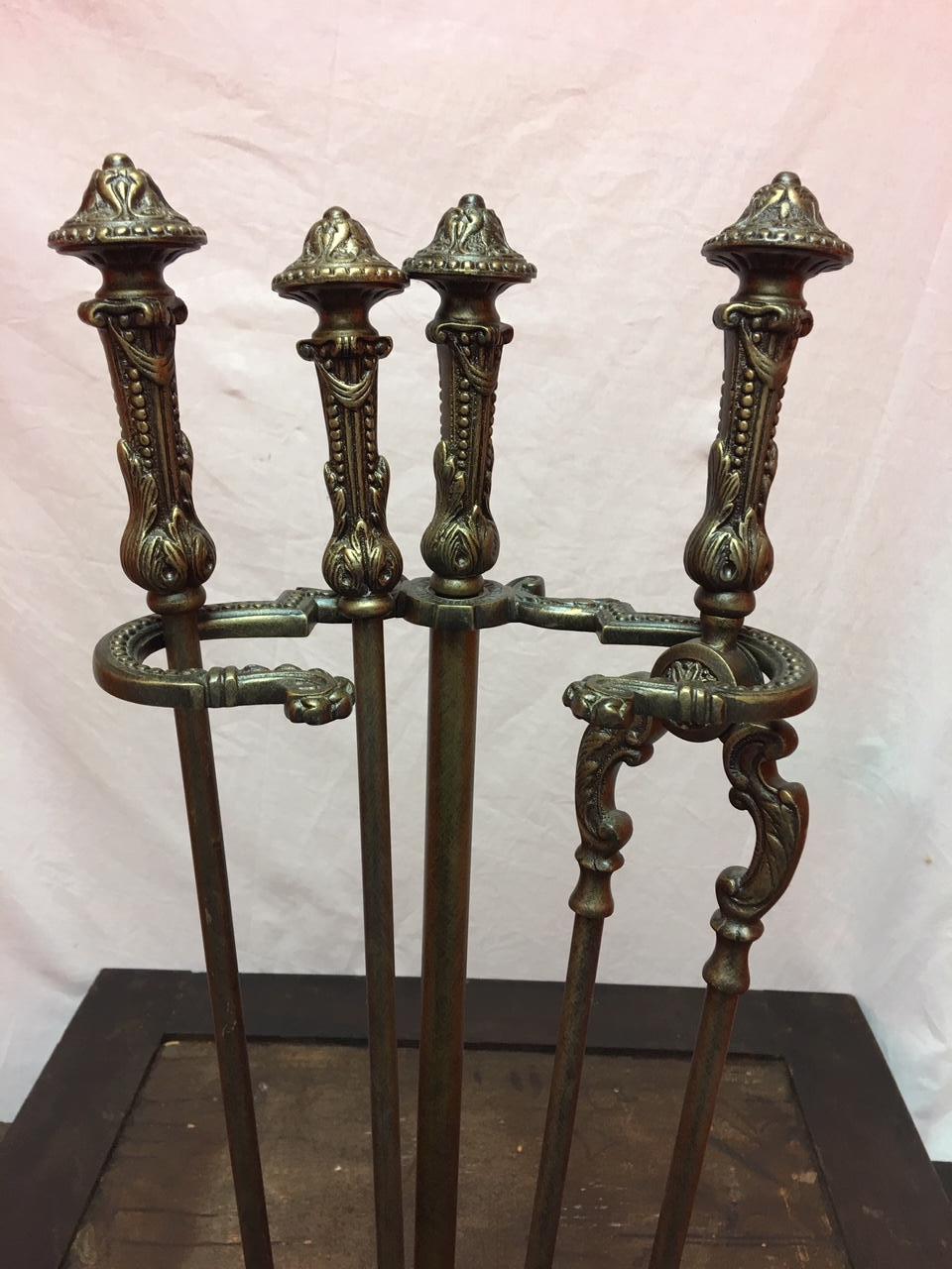 Brass French Ornate Three-Piece Fire Tool Set, 20th Century