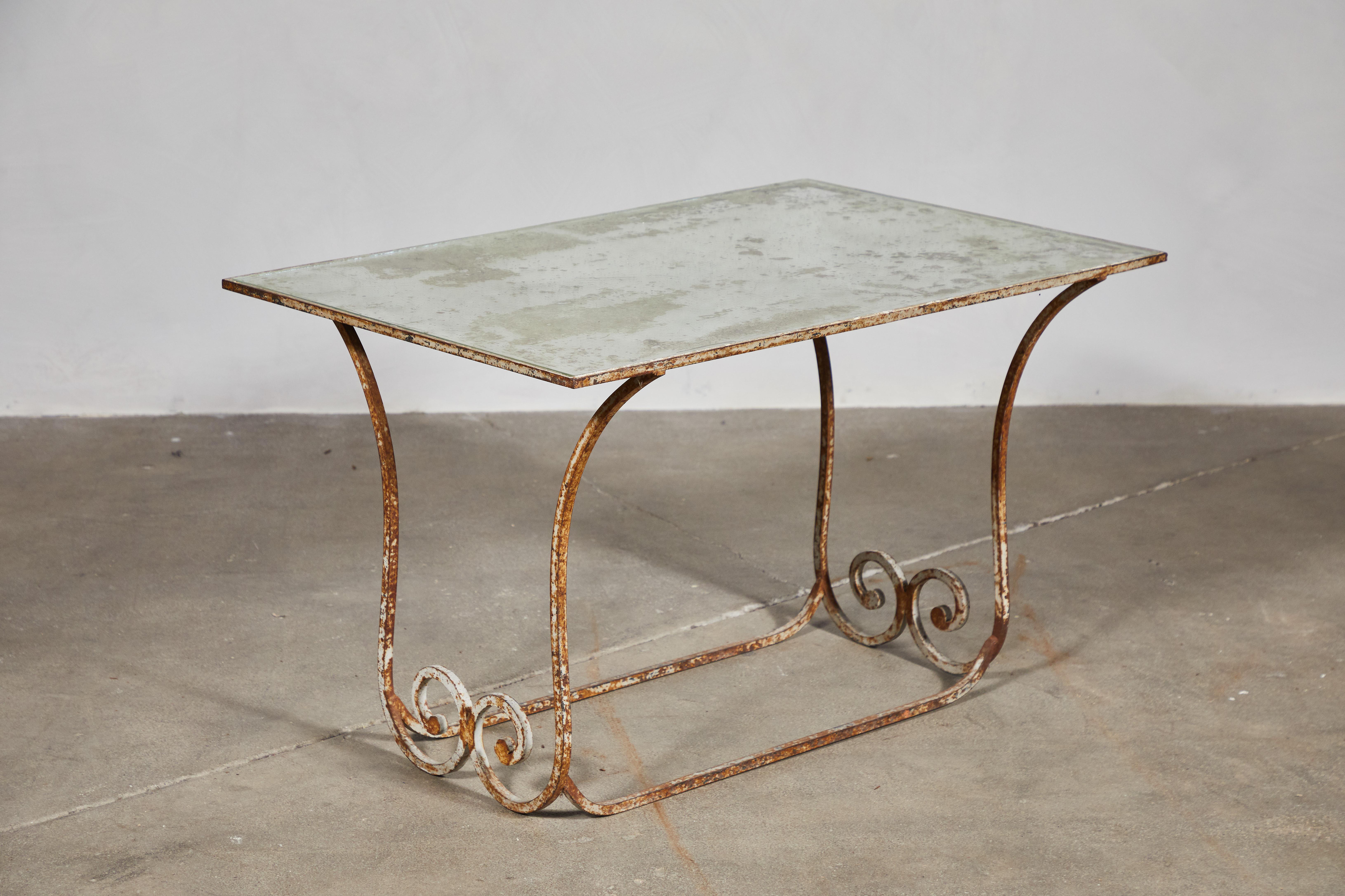 French Ornate Wrought Iron Garden Table with Mirrored Top 2