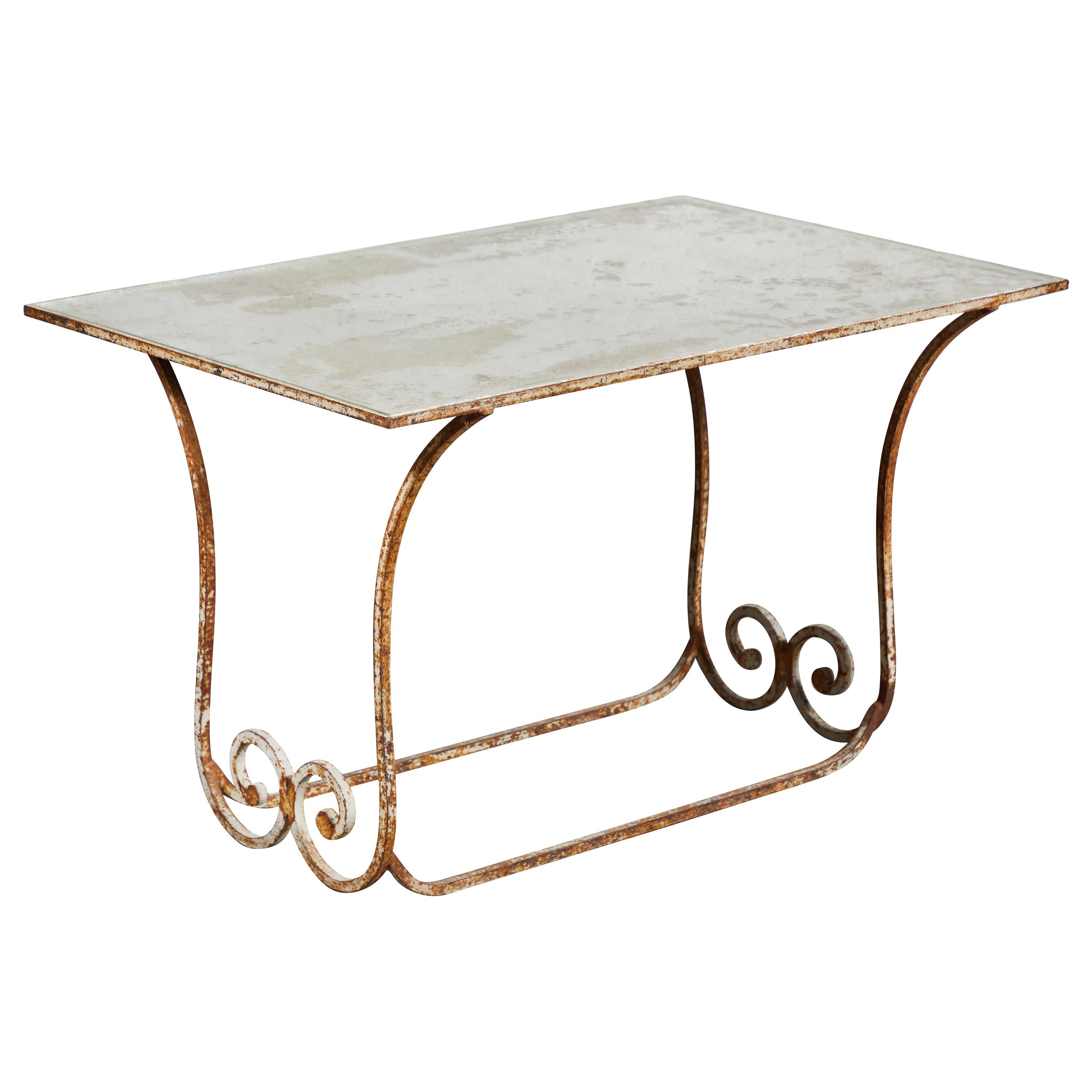 French Ornate Wrought Iron Garden Table with Mirrored Top