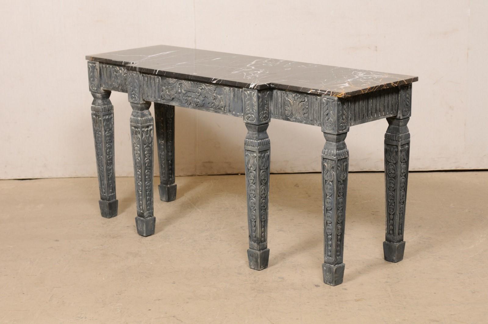 French Ornately-Carved Console Table W/Marble Top & Shallow Breakfront Design 5