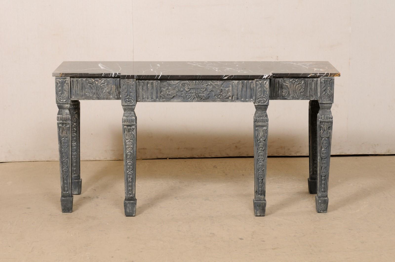 French Ornately-Carved Console Table W/Marble Top & Shallow Breakfront Design For Sale 6