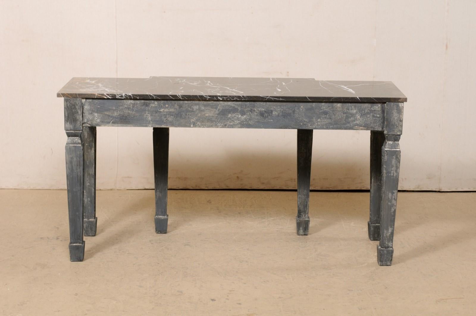 French Ornately-Carved Console Table W/Marble Top & Shallow Breakfront Design 2