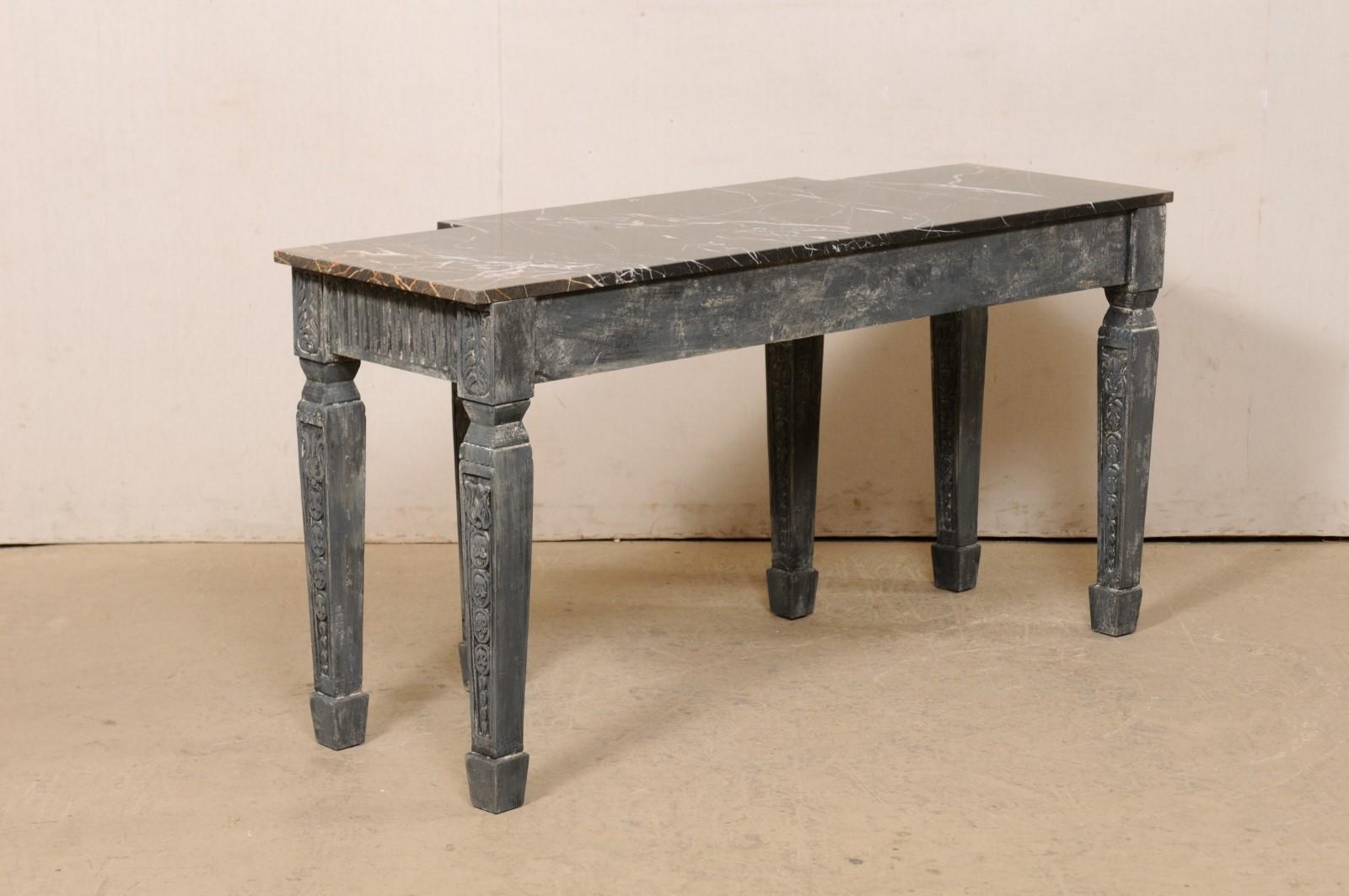 French Ornately-Carved Console Table W/Marble Top & Shallow Breakfront Design 3