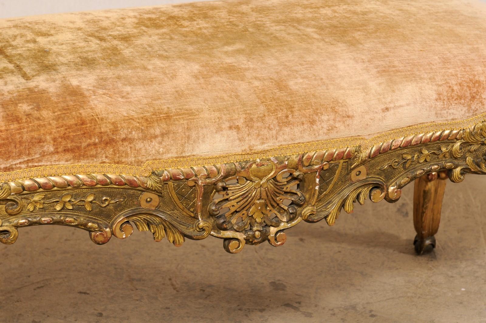 Wood French Ornately-Carved & giltwood Bench, 19th Century