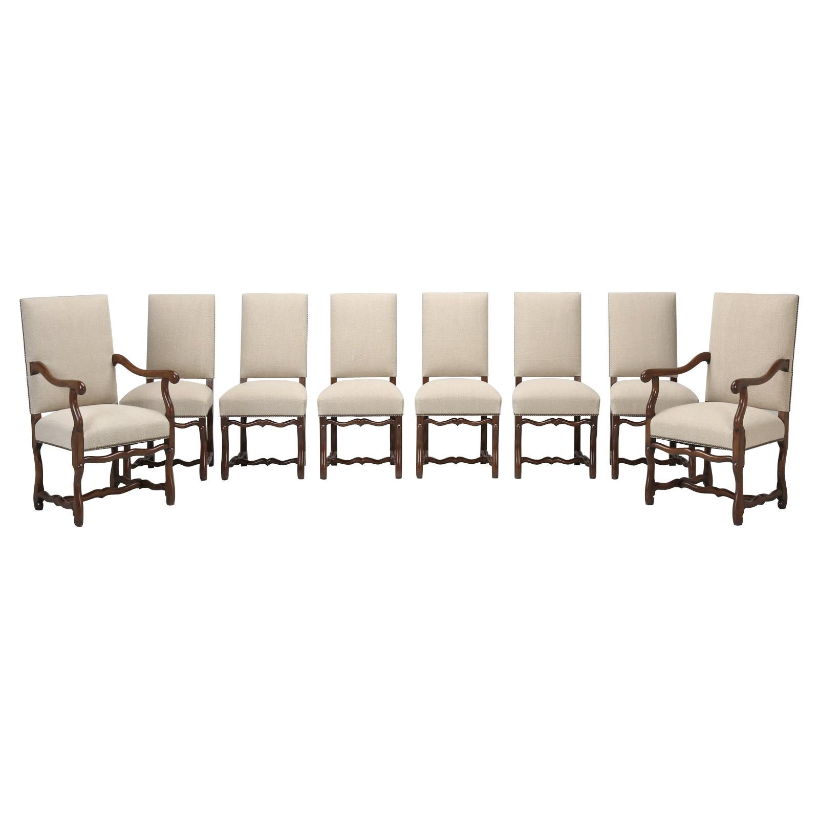 French Os De Mouton Dining Chairs, Set of 8, Irish Linen, Completely Restored