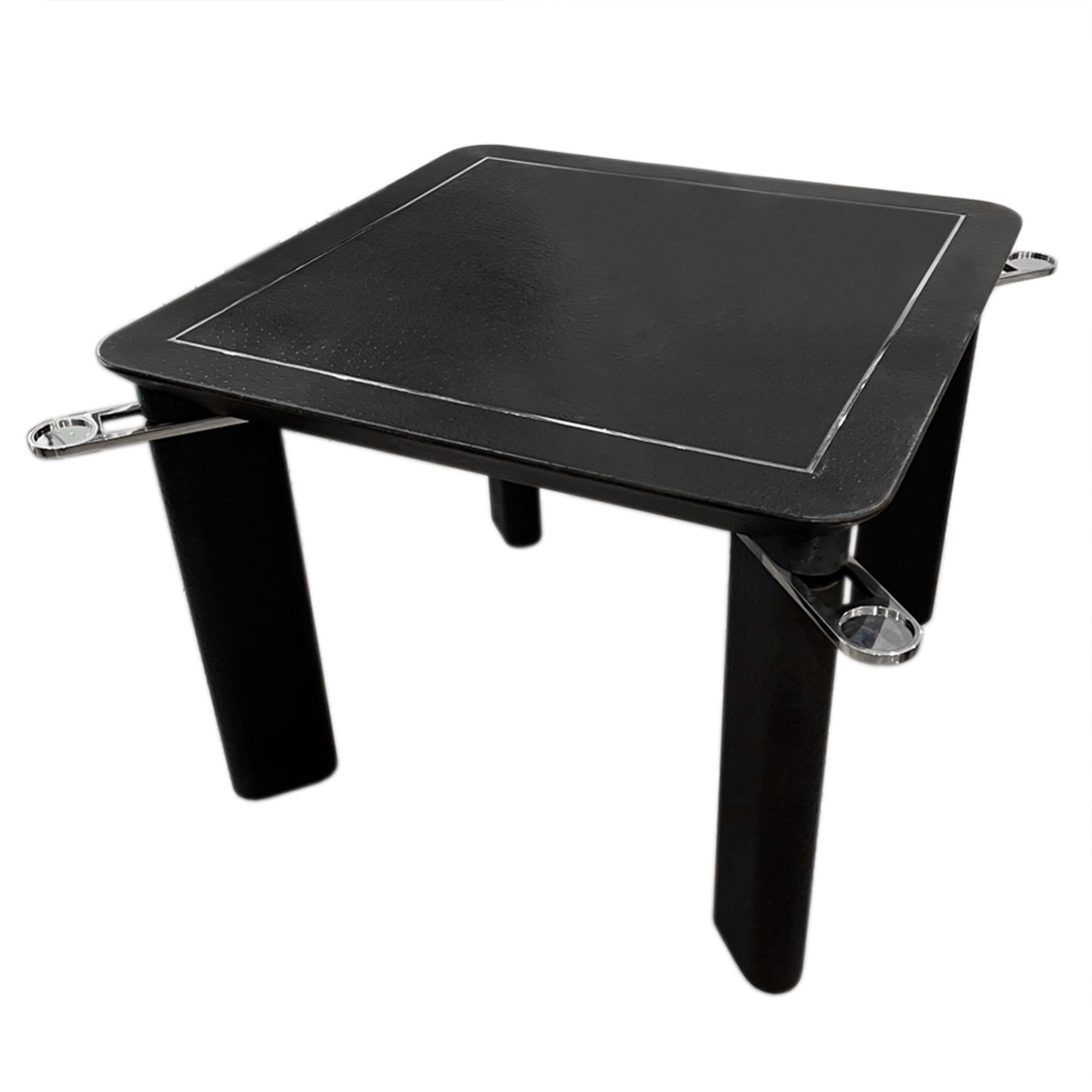 Mid-Century Modern French Ostrich Leather Card Table With Chrome Trim and Drink's Holders For Sale