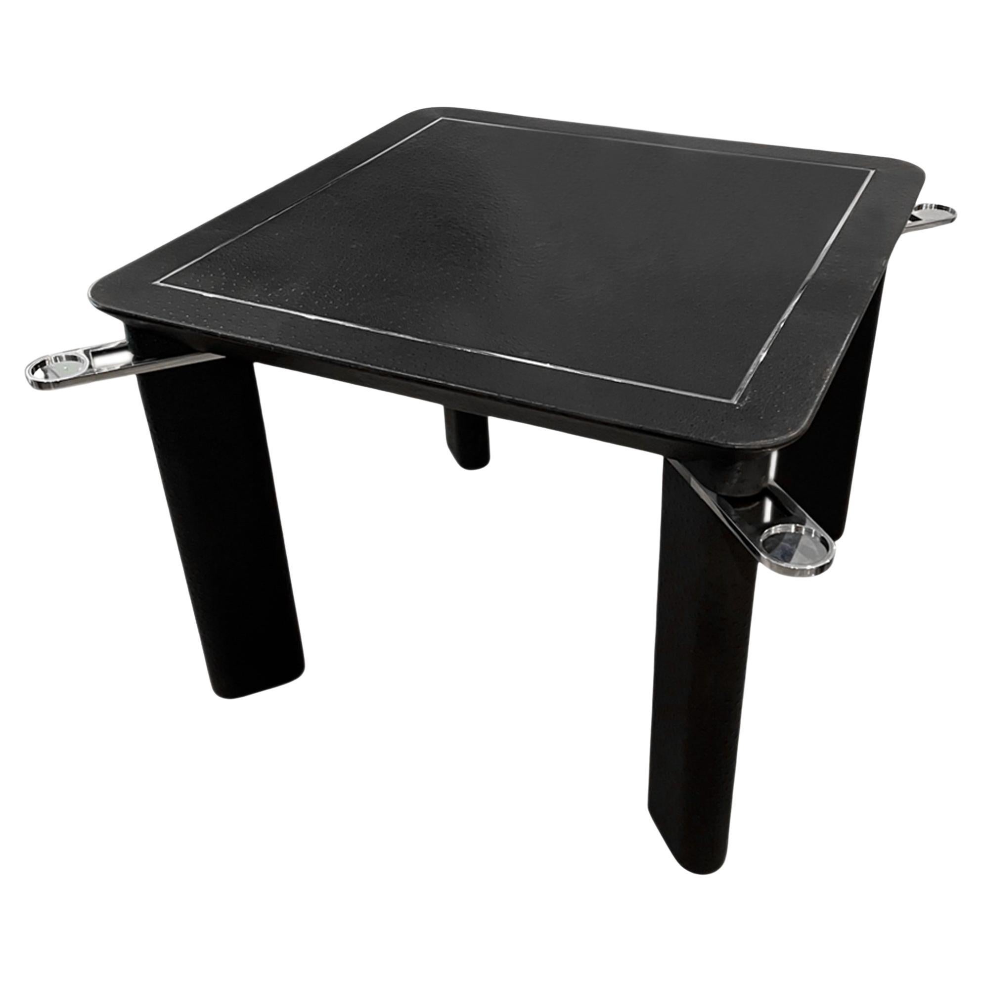 French Ostrich Leather Card Table With Chrome Trim and Drink's Holders For Sale