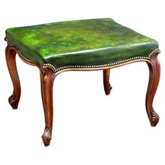 French Ottoman or Stool of Emerald Green Leather on Cabriole Legs