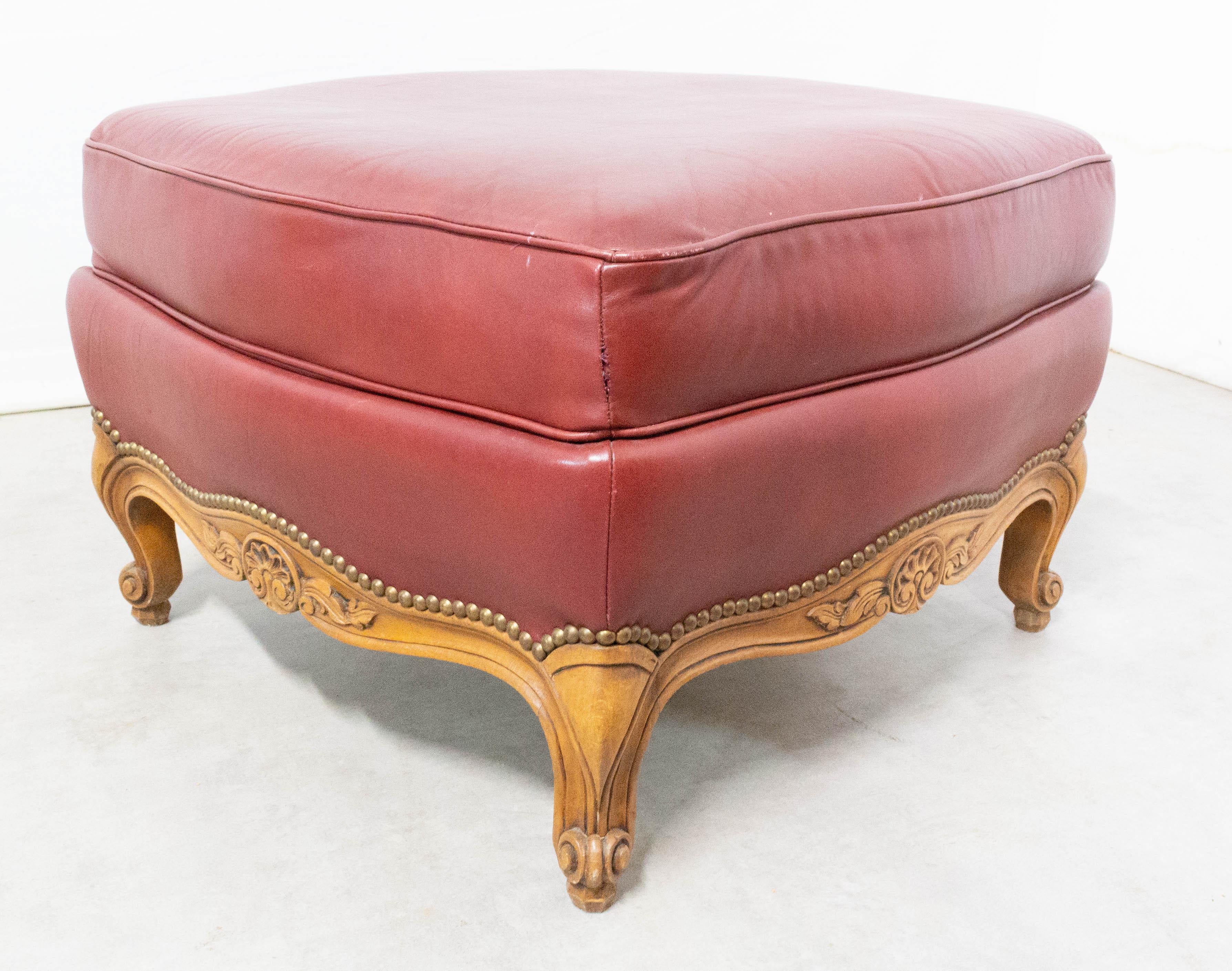 Mid-20th Century French Ottoman Pouf Beech and Red Skai Louis XV Style, circa 1960 For Sale