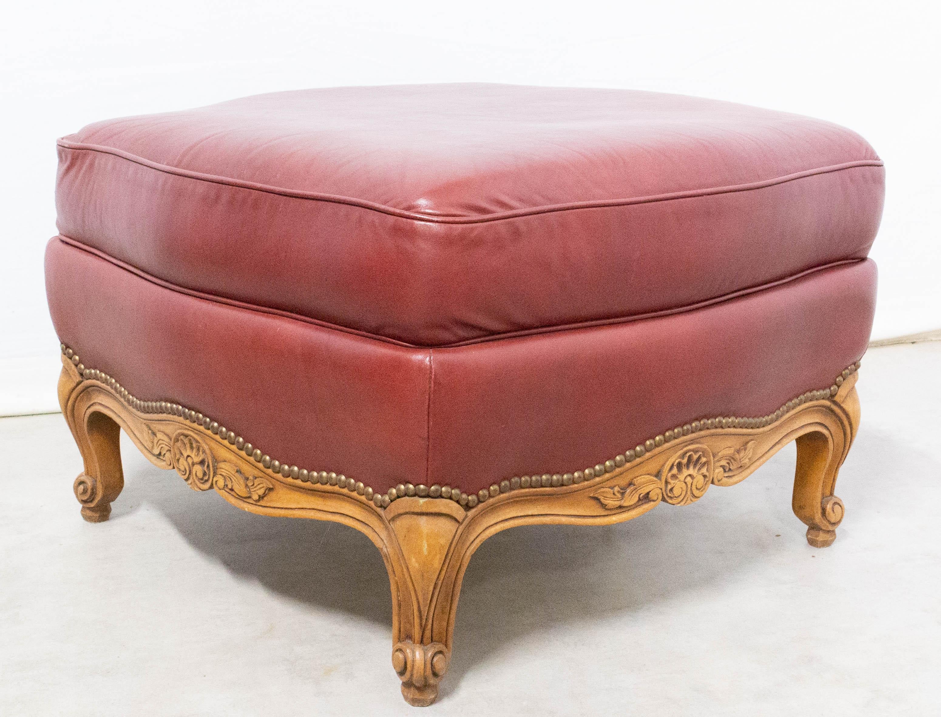 French Ottoman Pouf Beech and Red Skai Louis XV Style, circa 1960 For Sale 1