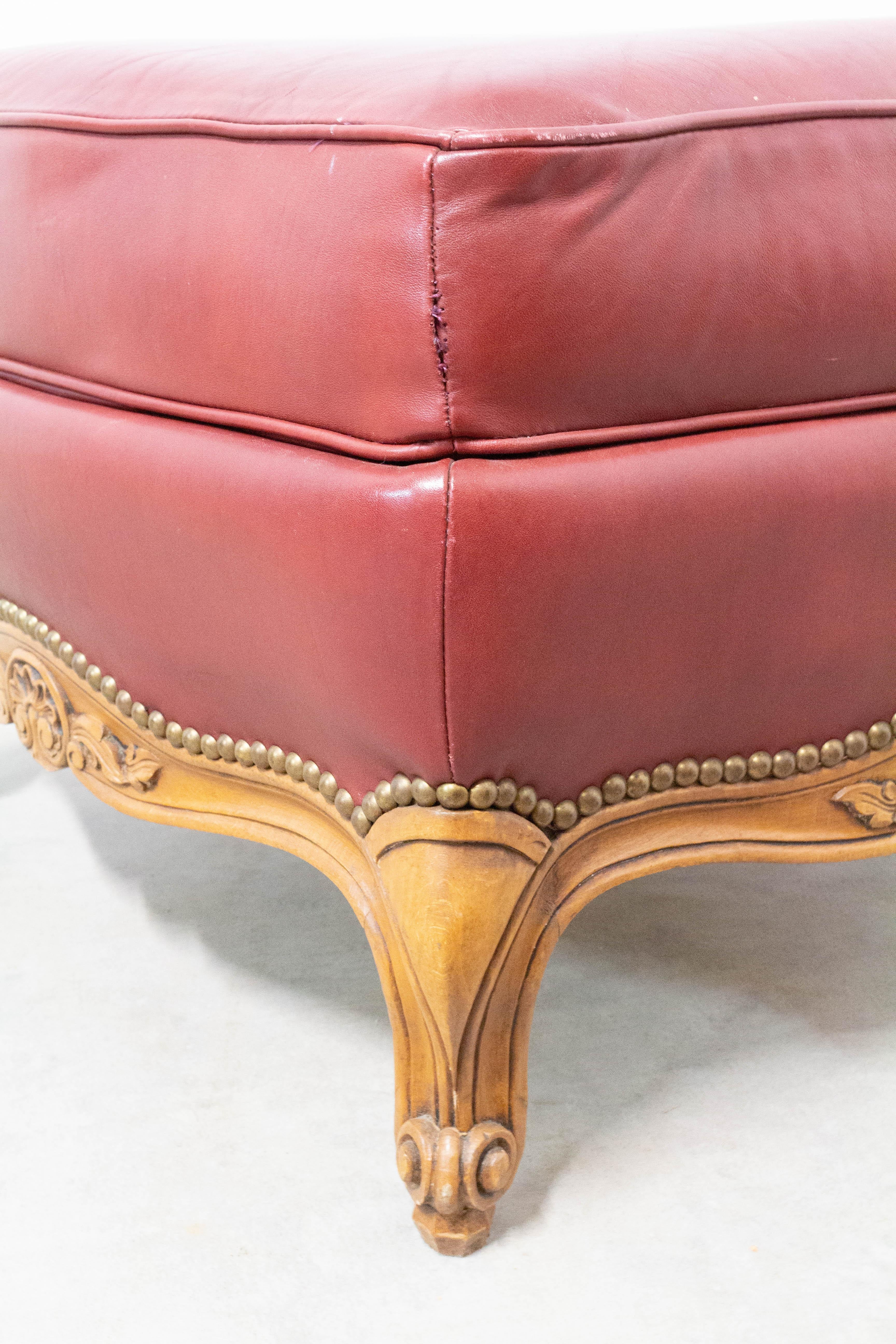 French Ottoman Pouf Beech and Red Skai Louis XV Style, circa 1960 For Sale 2