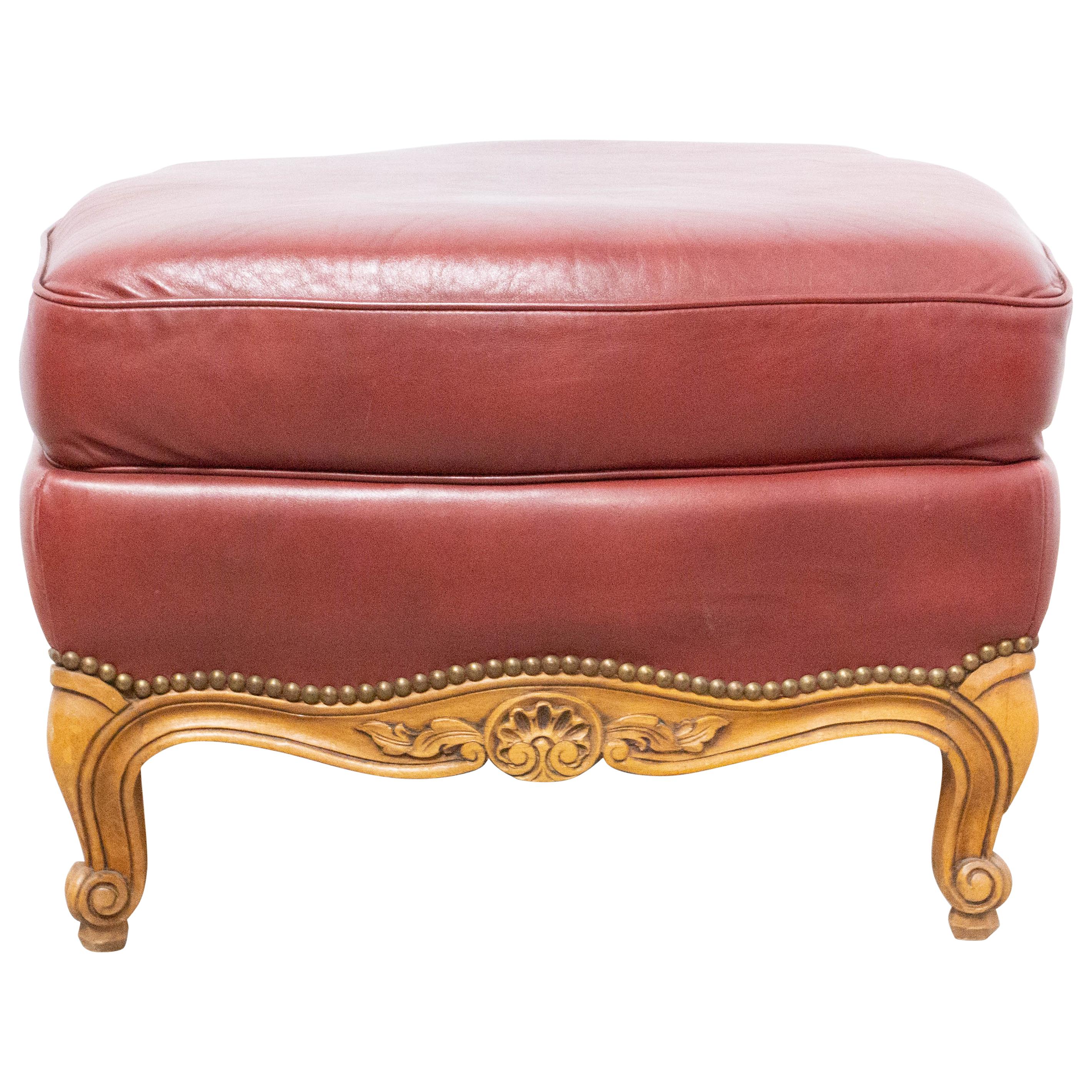 French Ottoman Pouf Beech and Red Skai Louis XV Style, circa 1960 For Sale
