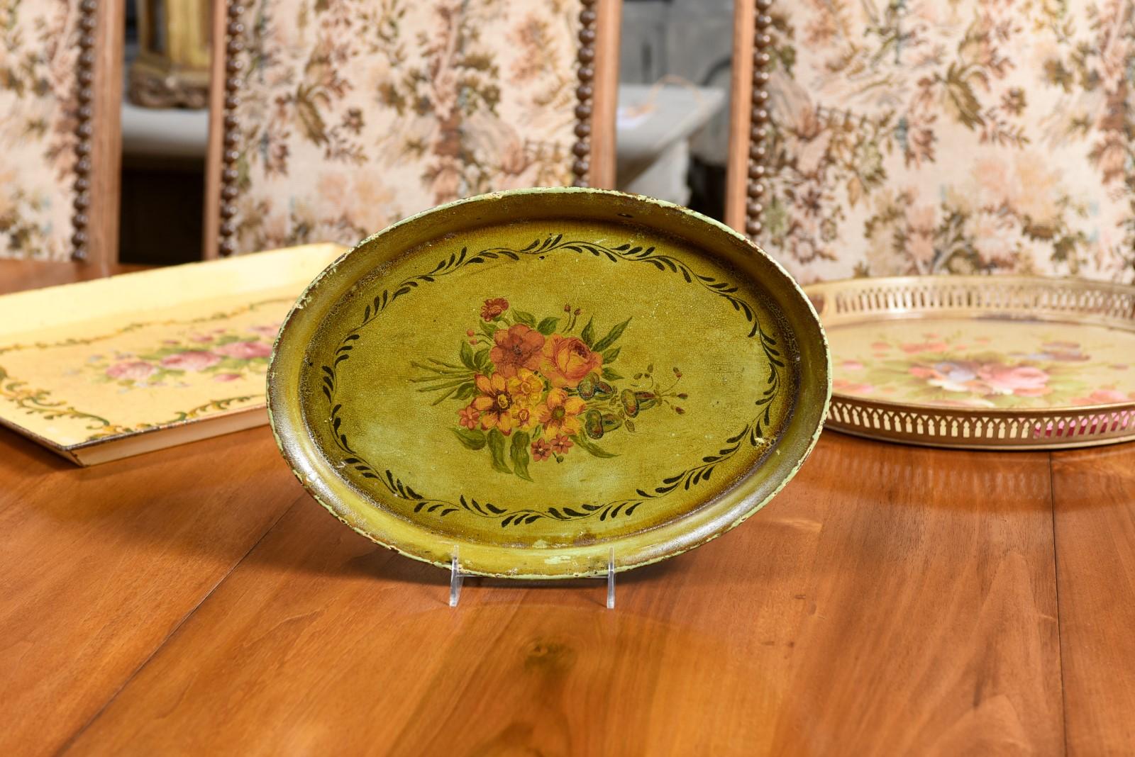 French Oval 19th Century Olive Green Tole Tray with Hand-Painted Bouquet In Good Condition In Atlanta, GA