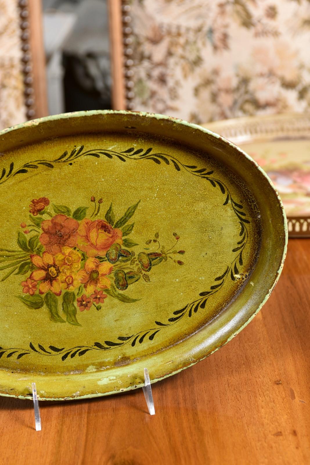 French Oval 19th Century Olive Green Tole Tray with Hand-Painted Bouquet 2