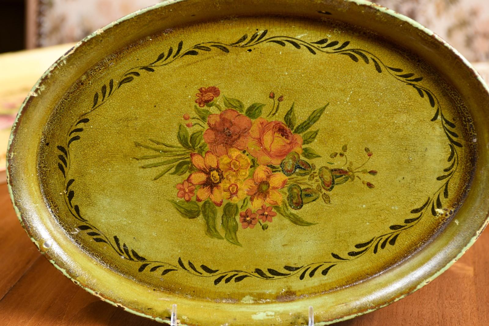 French Oval 19th Century Olive Green Tole Tray with Hand-Painted Bouquet 3